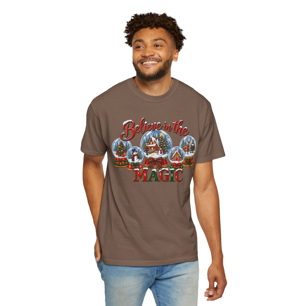 Comfort Colors Believe in the Magic Snow Globe Christmas T-shirt | Holiday Santa Village Design