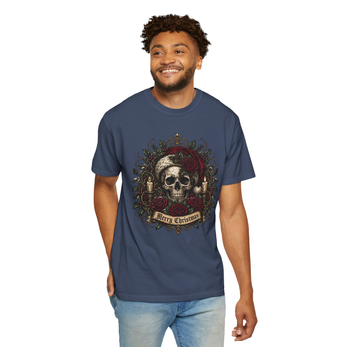 Gothic Skull Christmas Shirt, Dark Santa Skull Tee, Merry Christmas Skeleton Roses Shirt, Alternative Xmas Shirt, Punk Holiday Gift Tee