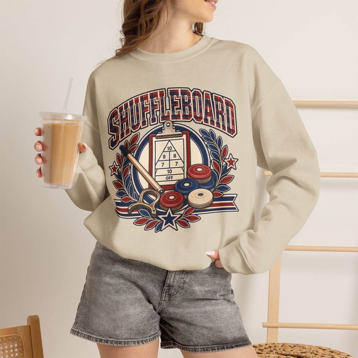 Vintage Shuffleboard Sweatshirt, Retro Americana Crewneck, Shuffleboard Player Gift, Beach Game Pullover, Patriotic Sports Shirt Unisex