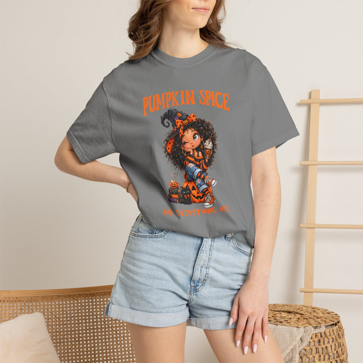 Pumpkin Comfort Colors Spice and Everything Nice T-Shirt, Cute Halloween and Fall Crewneck Trendy T-Shirt, Autumn Coffee Fall Shirt Gift