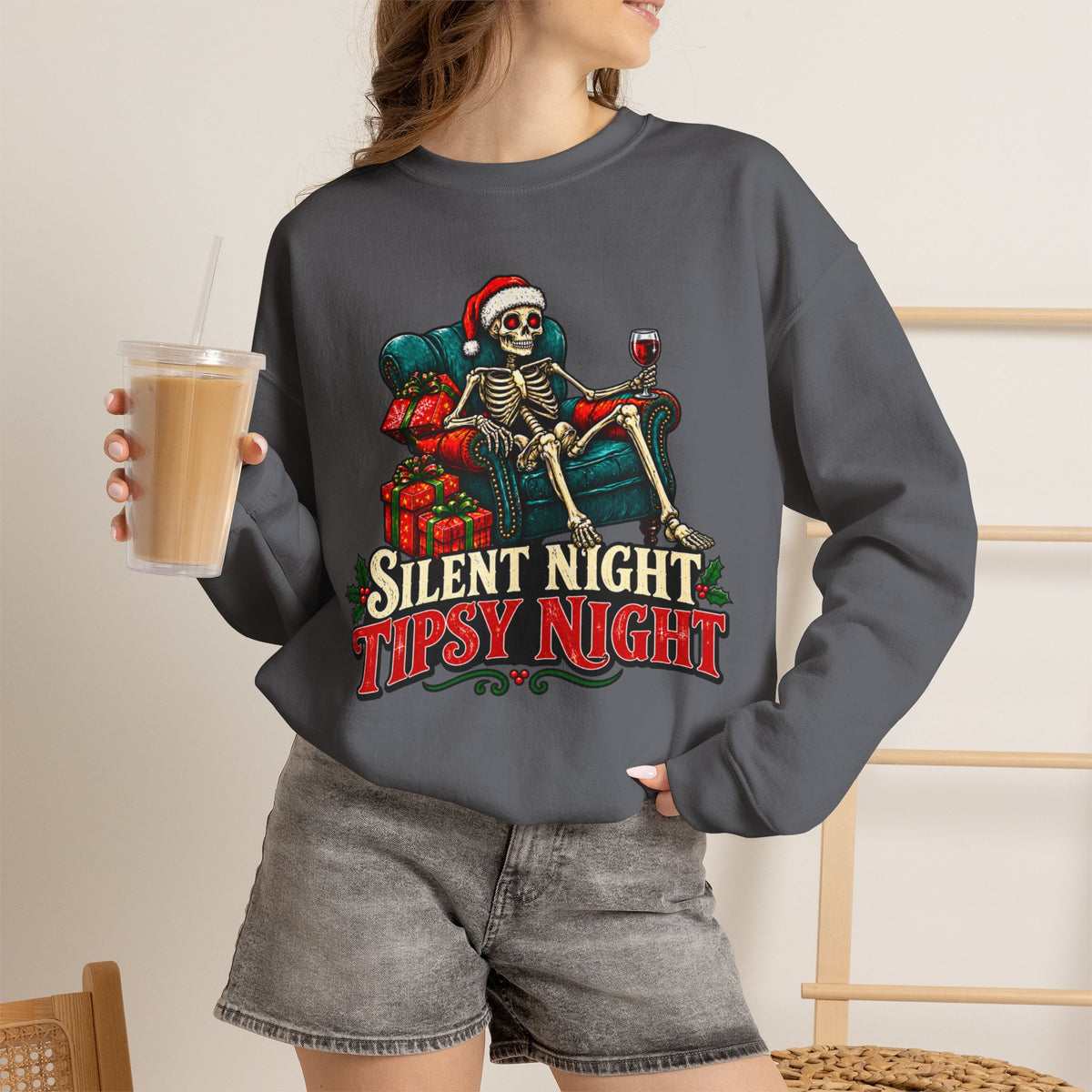 Christmas Skeleton Sweatshirt, Silent Night Tipsy Night Shirt, Funny Skeleton Santa Wine Sweatshirt, Skeleton Christmas Shirt, Holiday Tee