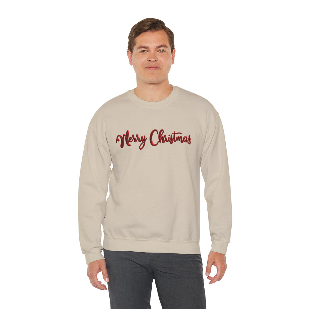Merry Christmas Sweatshirt, Green Crewneck with Red Metallic Script Font, Christmas Shirt, Holiday Sweater, Xmas Gift for Her, Gift for Him