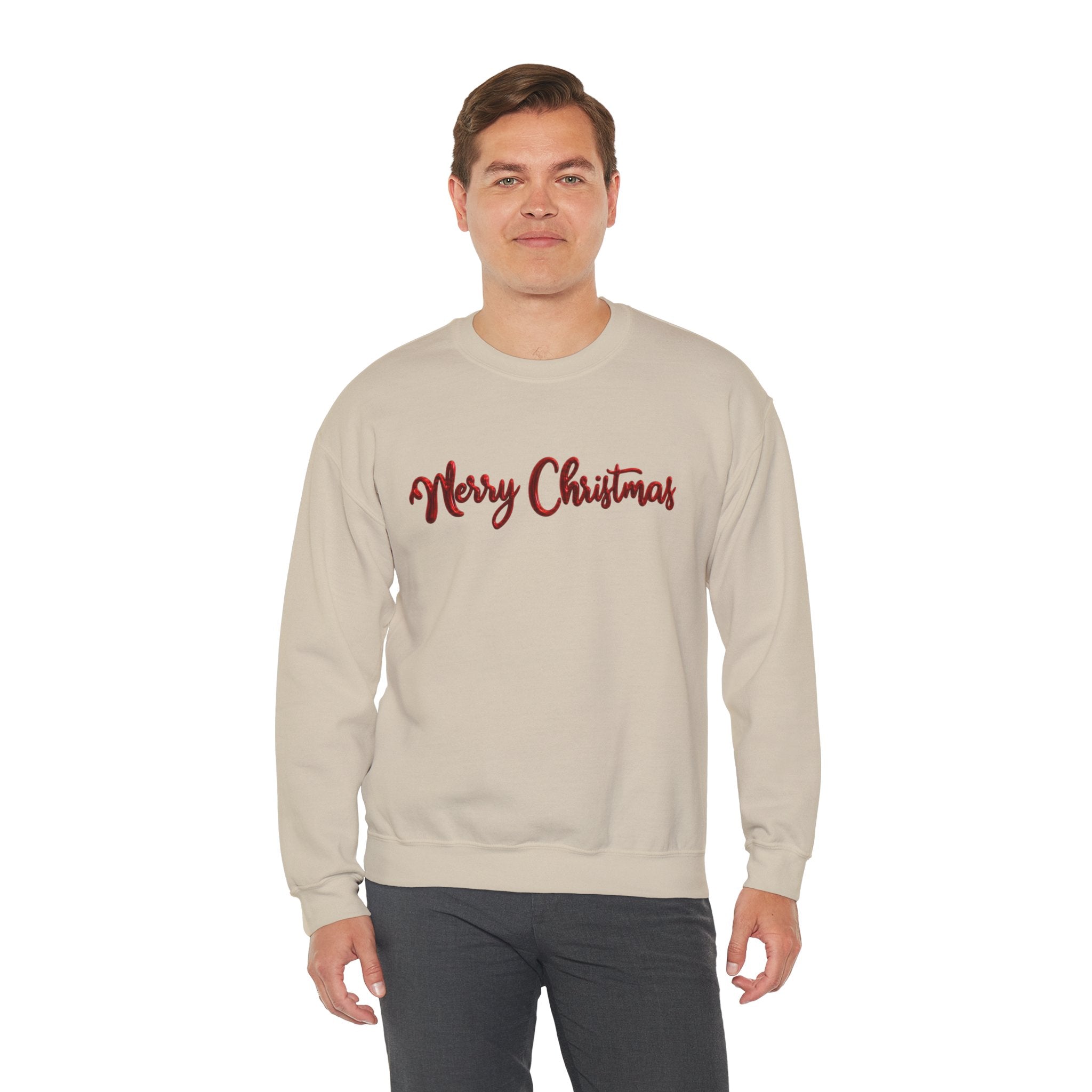 Merry Christmas Sweatshirt, Green Crewneck with Red Metallic Script Font, Christmas Shirt, Holiday Sweater, Xmas Gift for Her, Gift for Him