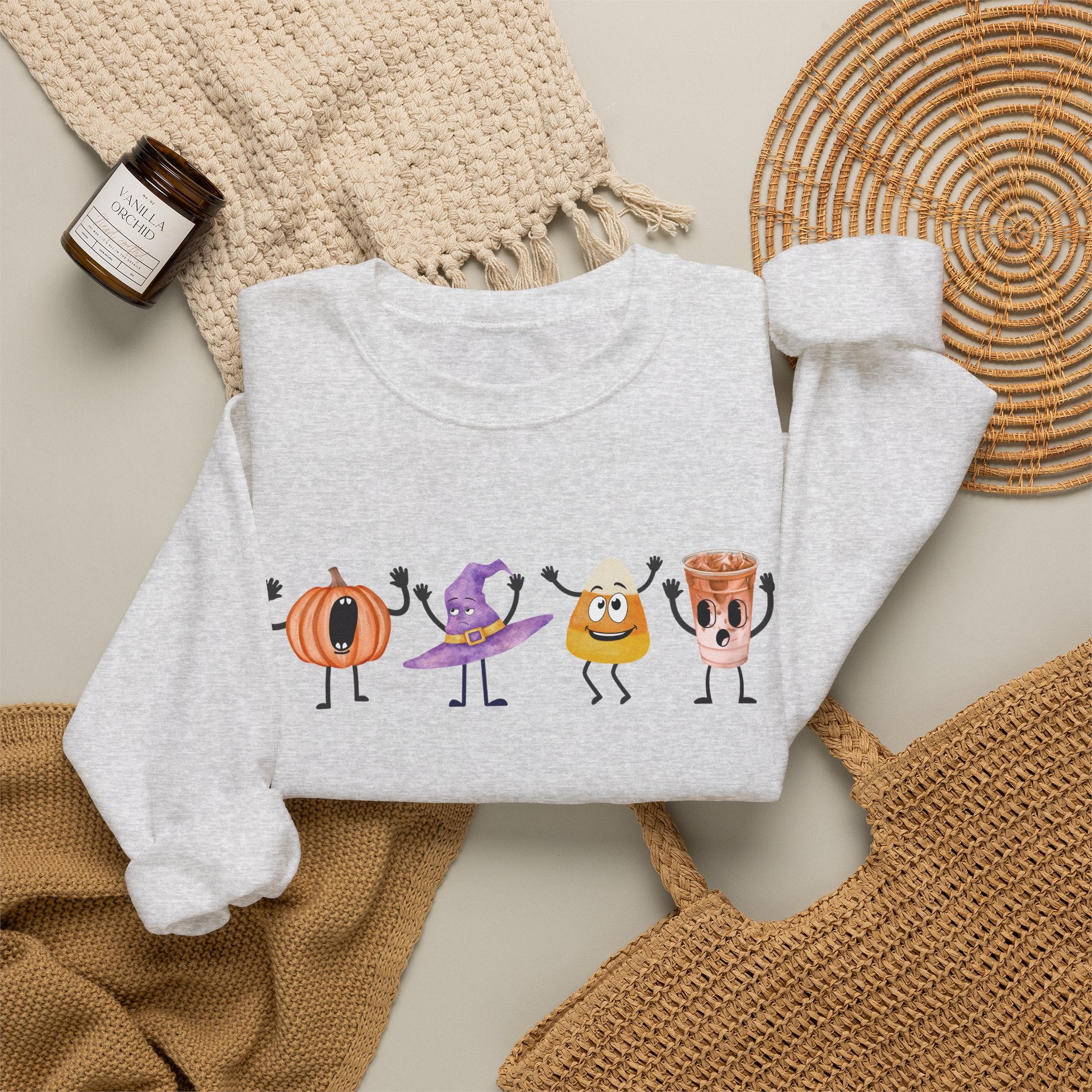 Halloween Sweatshirt Women Dancing Pumpkin Candy Corn Witch Hat Iced Coffee Crewneck Fall Fun Cute Halloween Party Shirt Gift