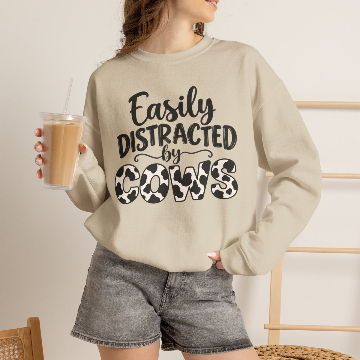 Easily Distracted By Cows Sweatshirt, Cow Print Crewneck, Funny Farm Shirt, Cow Lover Gift, Farm Life Sweater, Country Girl Pullover