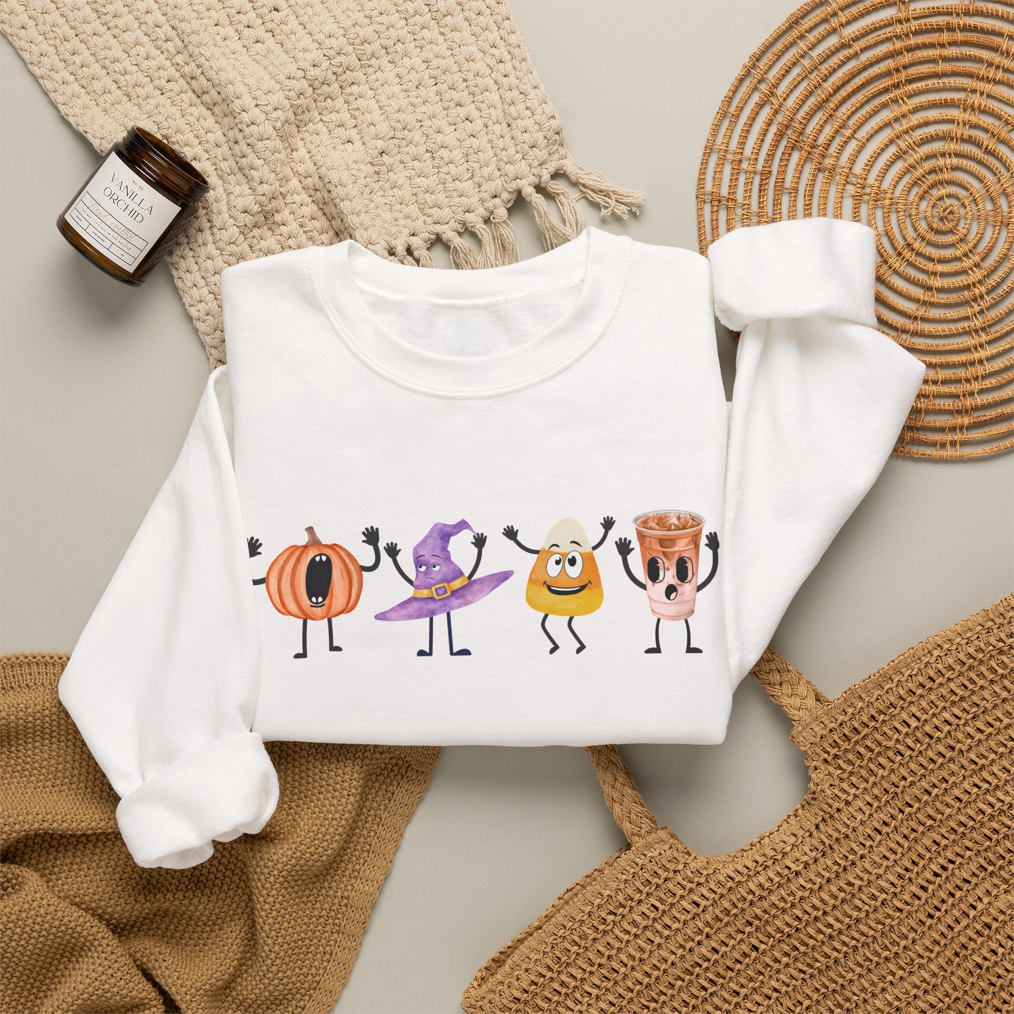 Halloween Sweatshirt Women Dancing Pumpkin Candy Corn Witch Hat Iced Coffee Crewneck Fall Fun Cute Halloween Party Shirt Gift