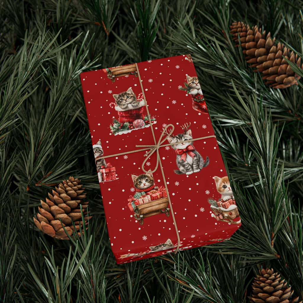 Christmas Cat Wrapping Paper, Red Kitten Gift Wrap, Cute Cat Lover Holiday Wrap, Vintage Christmas Kitty Wrapping Paper