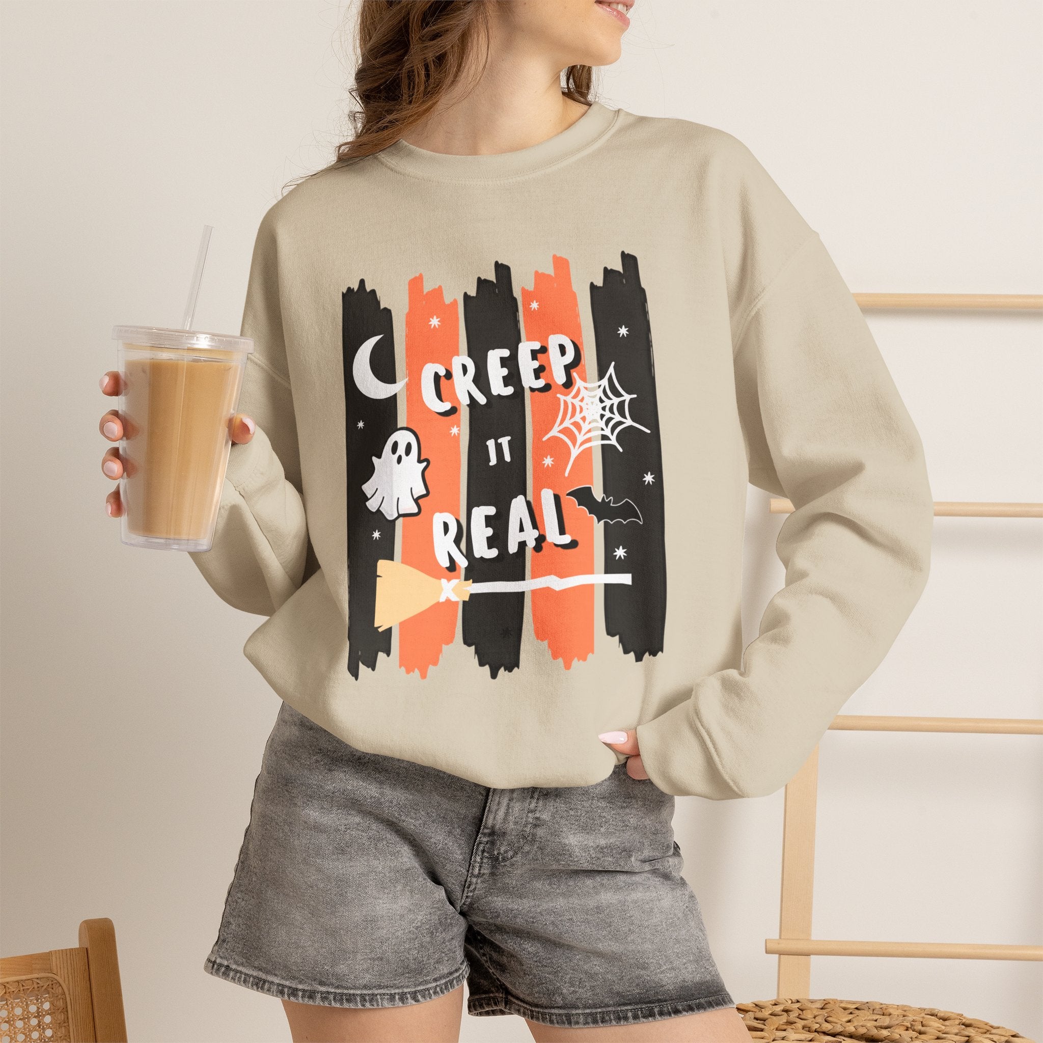 Creep It Real Halloween Sweatshirt, Funny Ghost Bat Spiderweb Crewneck, Orange Black Stripe Halloween Shirt, Cute Fall Pullover Women Gift