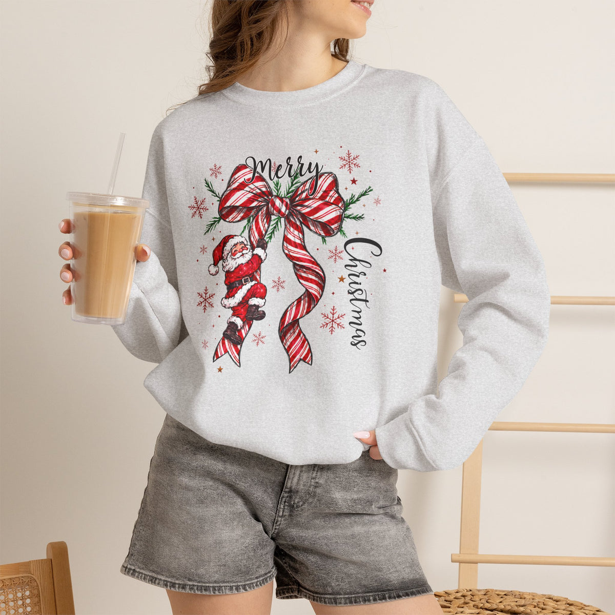 Merry Christmas Sweatshirt, Santa Bow Candy Cane Sweatshirt, Christmas Snowflake Sweatshirt, Womens Holiday Sweatshirt, Christmas Gift