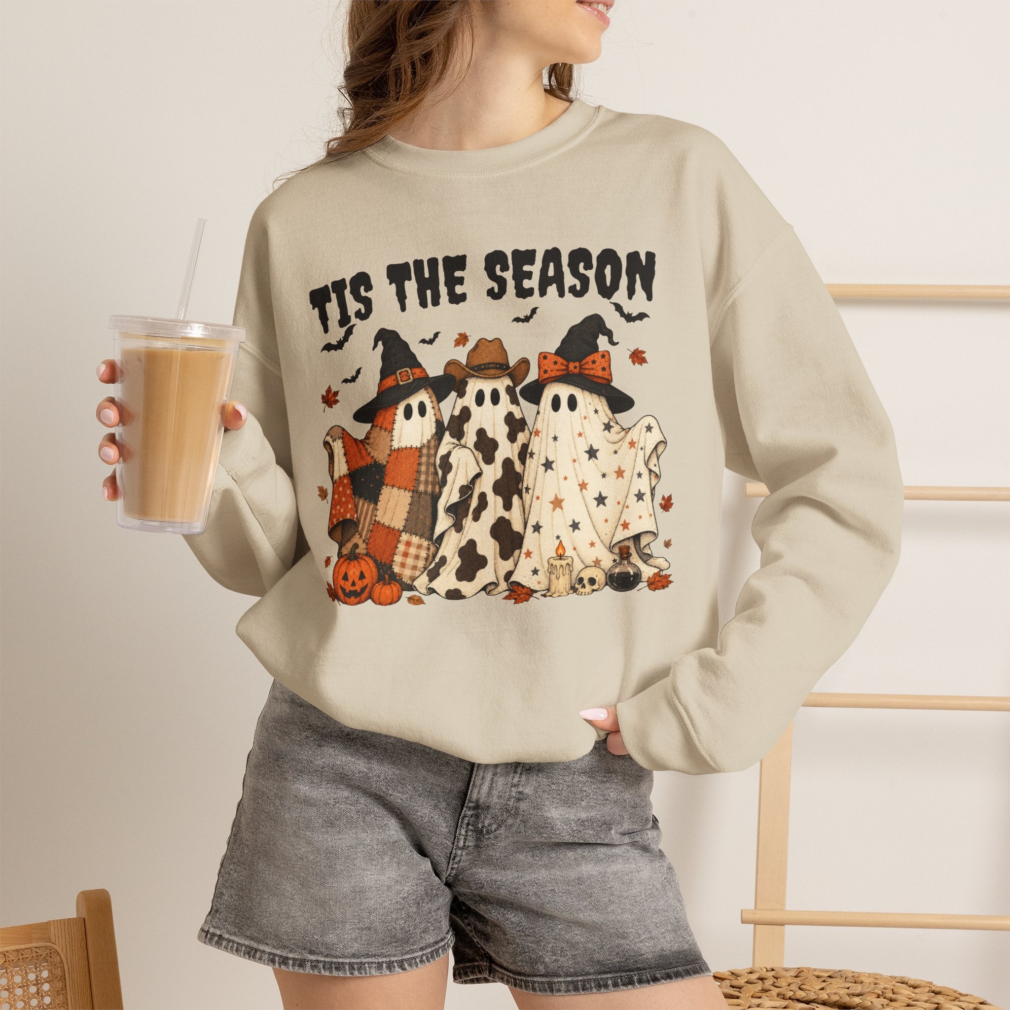 Tis The Season Ghost Sweatshirt, Halloween Ghost Crewneck, Witch Hat Ghost Shirt, Cow Print Plaid Ghost Sweater, Fall Halloween Top