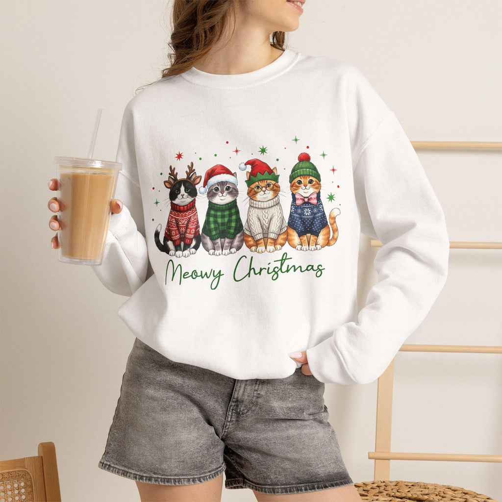 Meowy Christmas Sweatshirt, Funny Cat Christmas Sweater, Cat Mom Holiday Shirt, Christmas Cat Crewneck, Cute Cat Lover Gift, Xmas Sweatshirt