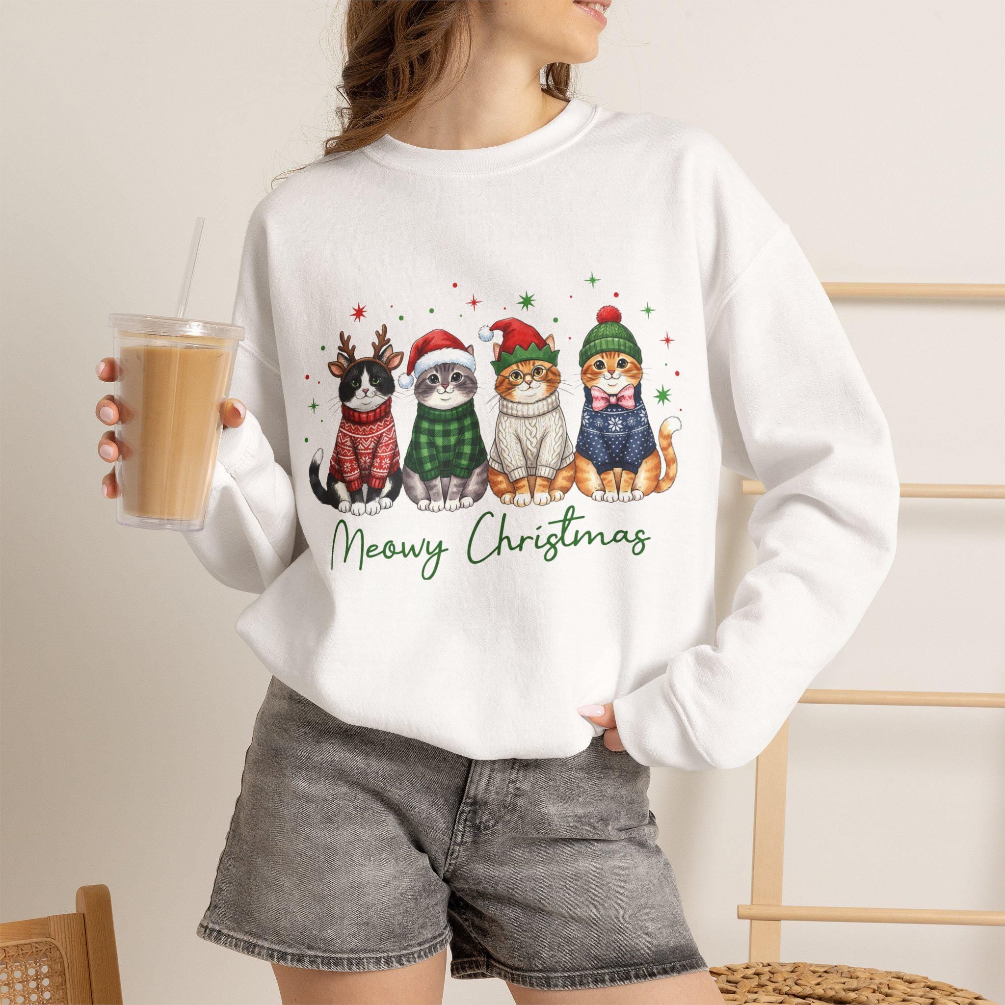 Meowy Christmas Sweatshirt, Funny Cat Christmas Sweater, Cat Mom Holiday Shirt, Christmas Cat Crewneck, Cute Cat Lover Gift, Xmas Sweatshirt