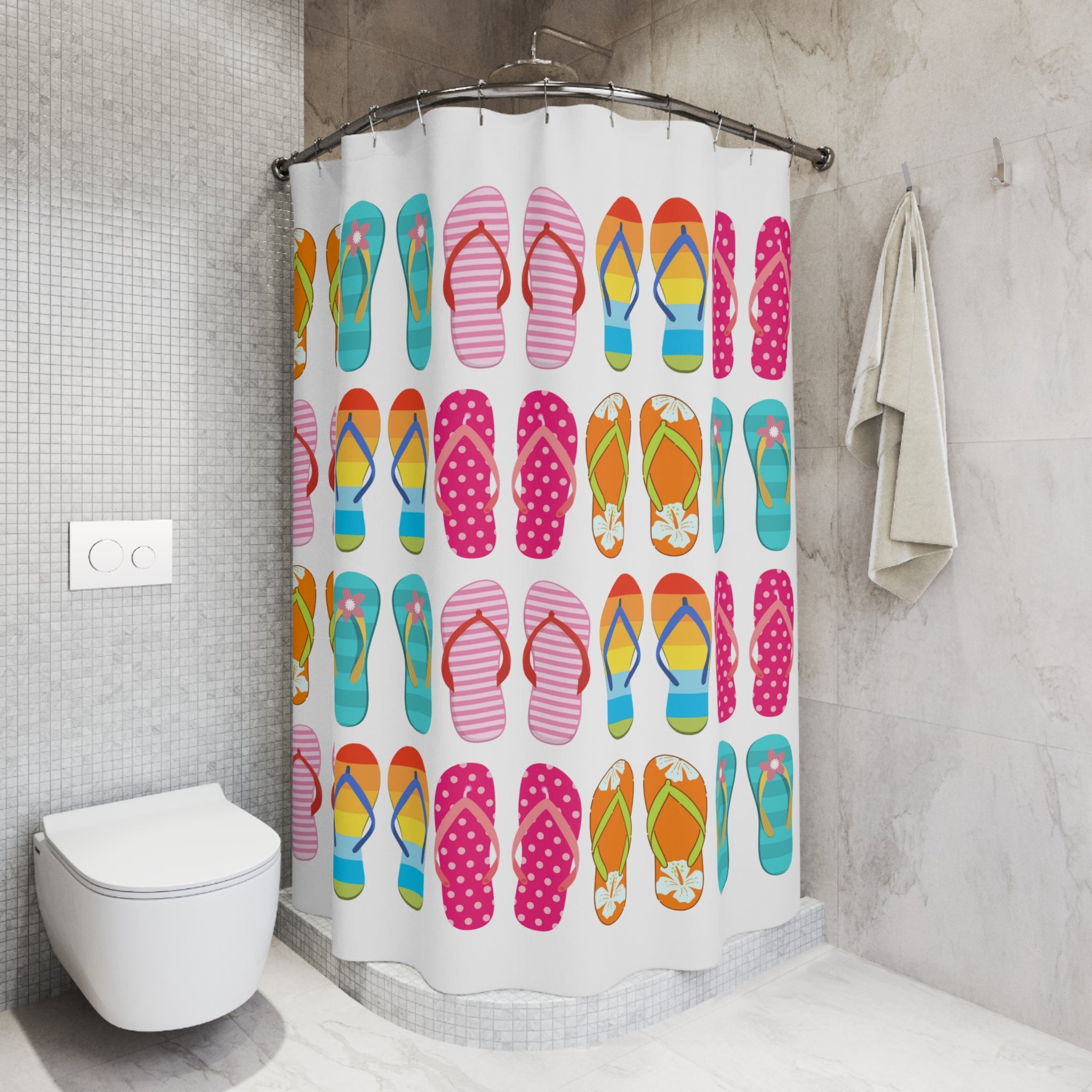 Colorful Flip Flops Pattern Shower Curtain | Beach Summer Bath Decor, Beach Vacation House Bathroom Deco, Lake House Deco, New House Gift