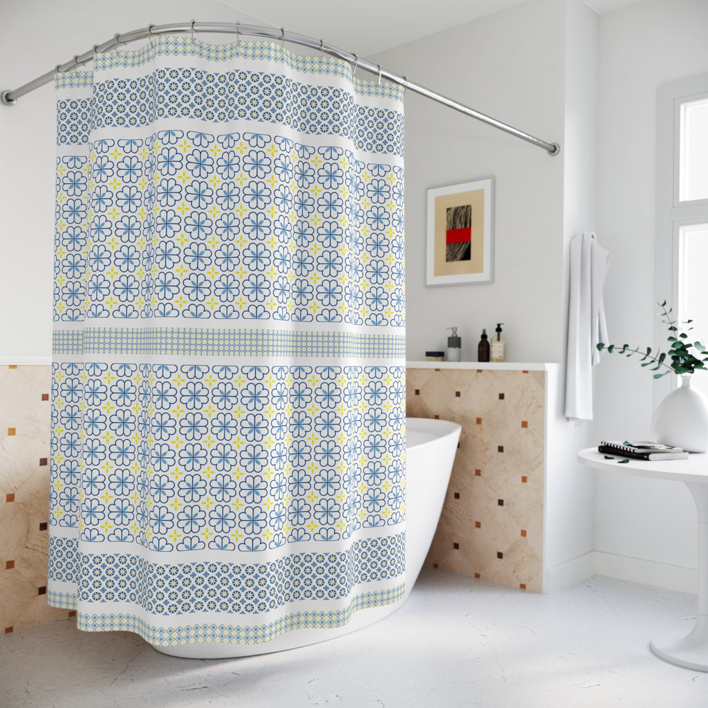 Moroccan Tile Shower Curtain, Blue Yellow Geometric Bathroom Decor, Mediterranean Boho Bath, Blue Mosaic Print, Farmhouse Bathroom