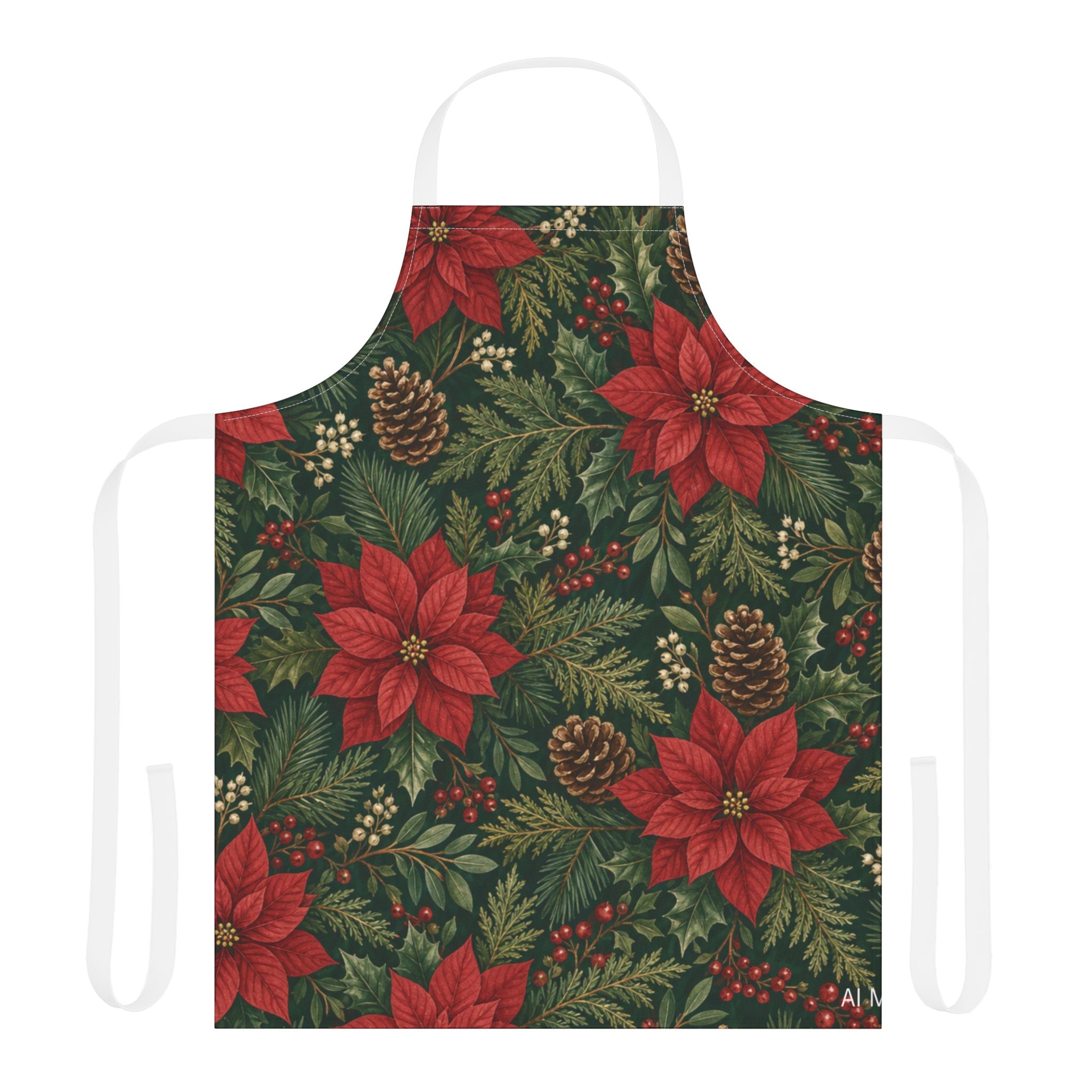 Christmas Apron Poinsettia Pine Cone Print, Red Green Holiday Kitchen Apron Women, Farmhouse Christmas Cooking Baking Gift Idea