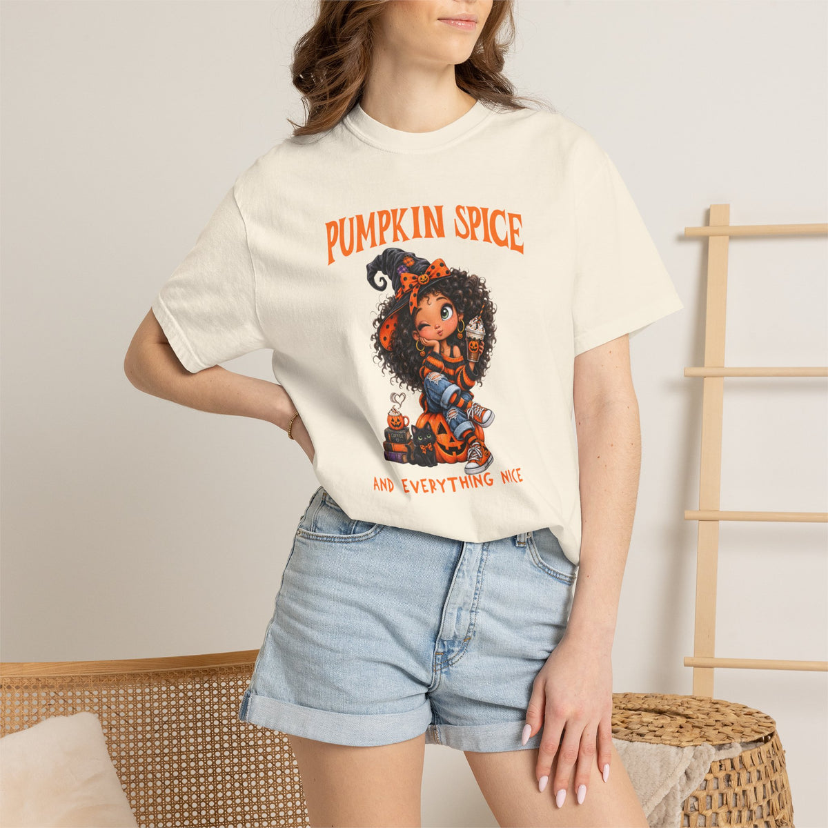 Pumpkin Comfort Colors Spice and Everything Nice T-Shirt, Cute Halloween and Fall Crewneck Trendy T-Shirt, Autumn Coffee Fall Shirt Gift