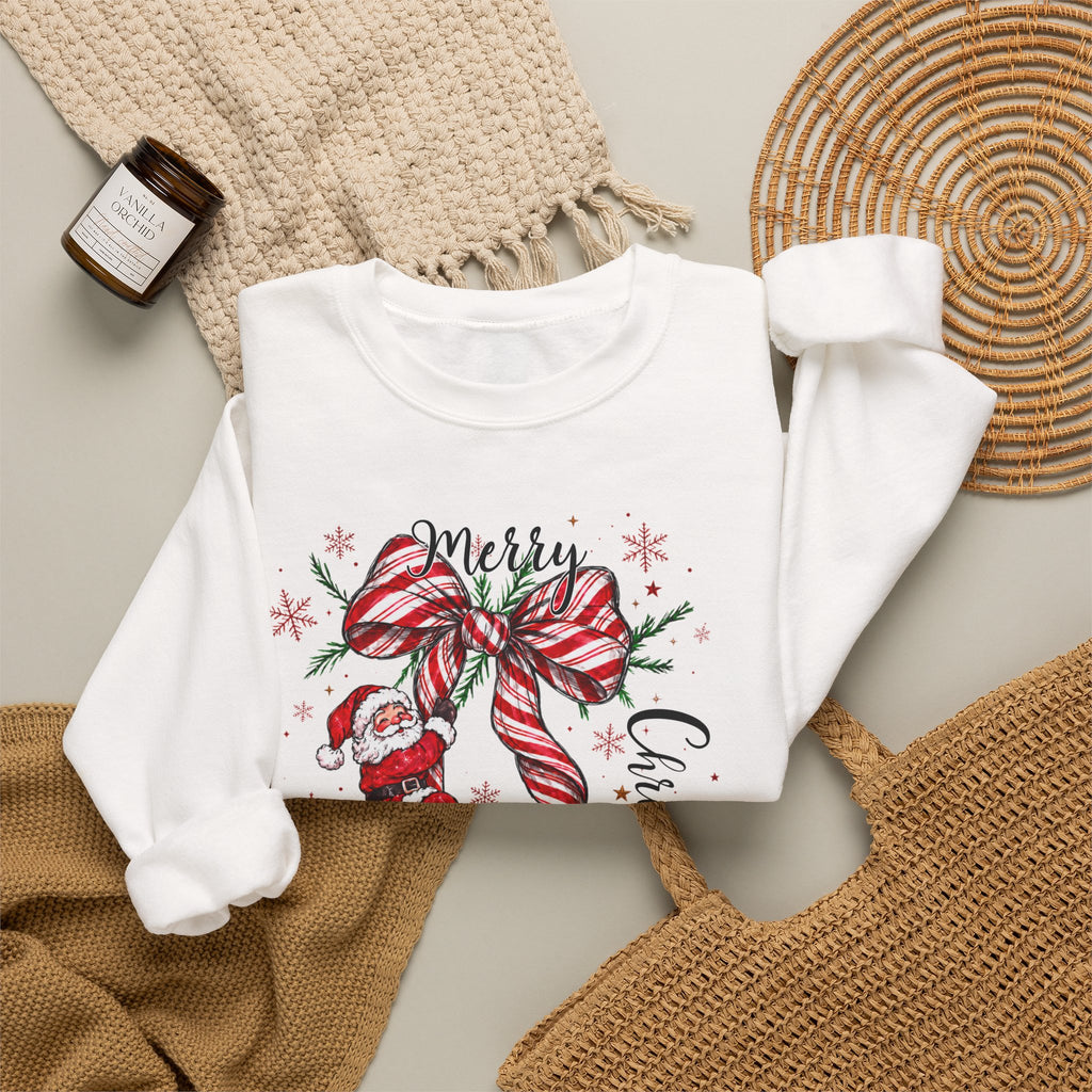 Merry Christmas Sweatshirt, Santa Bow Candy Cane Sweatshirt, Christmas Snowflake Sweatshirt, Womens Holiday Sweatshirt, Christmas Gift