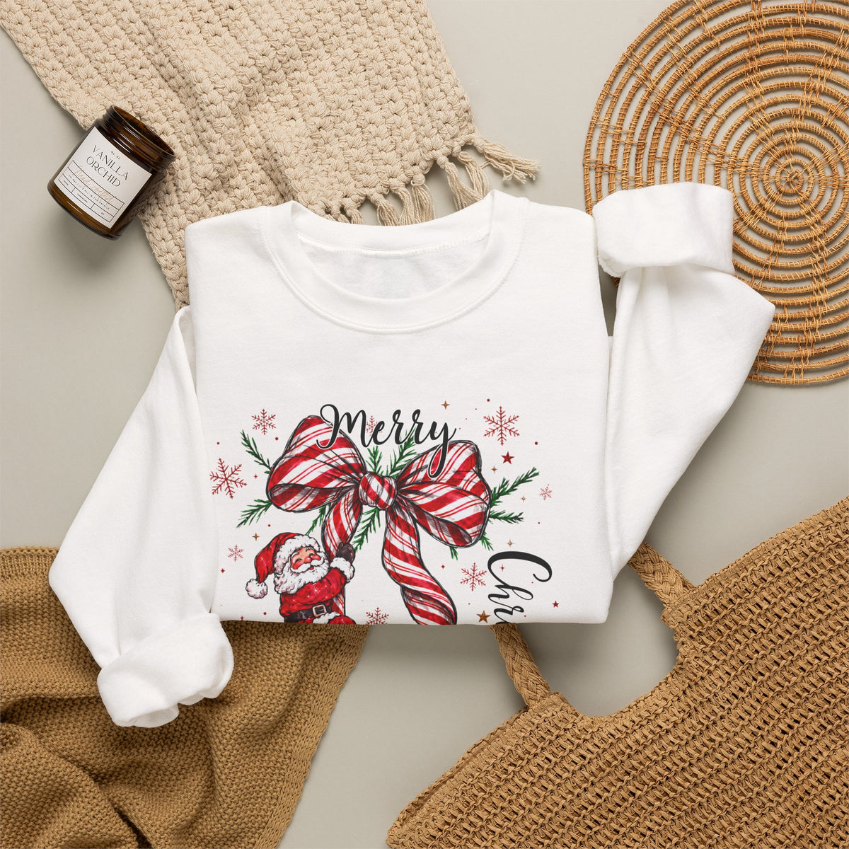 Merry Christmas Sweatshirt, Santa Bow Candy Cane Sweatshirt, Christmas Snowflake Sweatshirt, Womens Holiday Sweatshirt, Christmas Gift