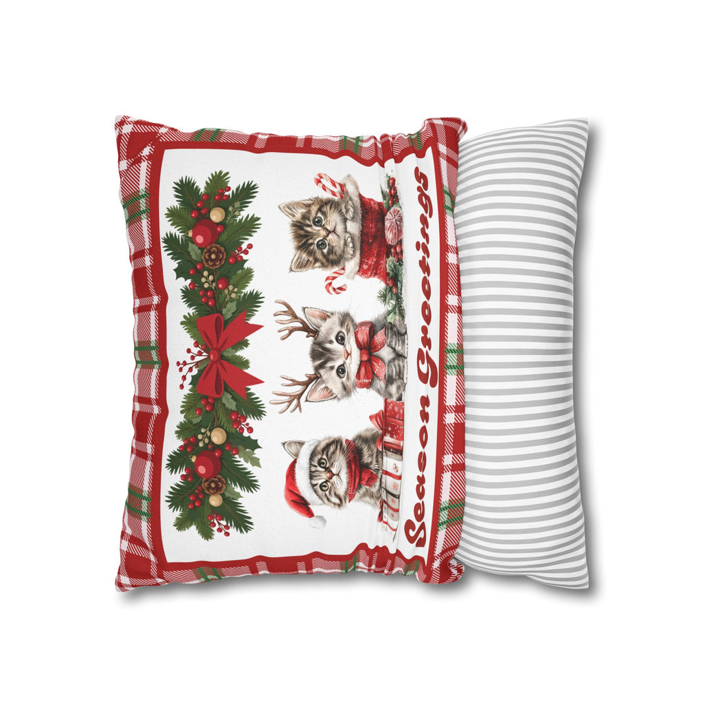 Christmas Kittens Pillow Cover, Cute Cat Holiday Throw Pillow, Red Plaid Snowflake Reversible Cover, Season Greetings Cat Lover Gift