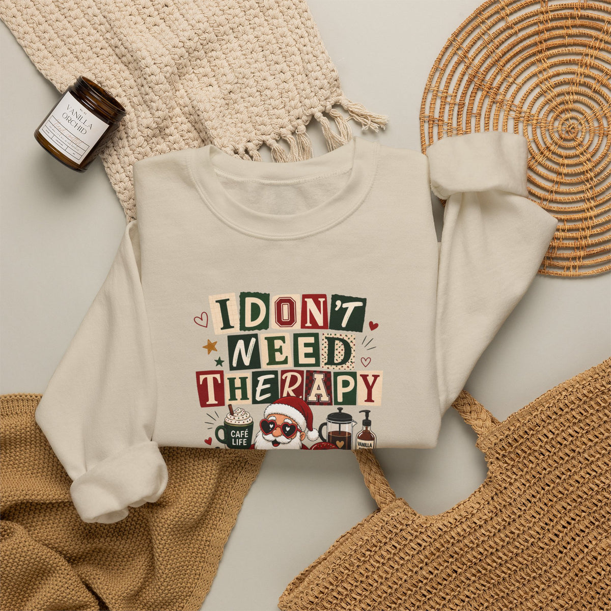 Christmas Sweatshirt I Don't Need Therapy I Need Coffee Funny Santa Coffee Lover Shirt Xmas Plaid Retro Holiday Gift for Women