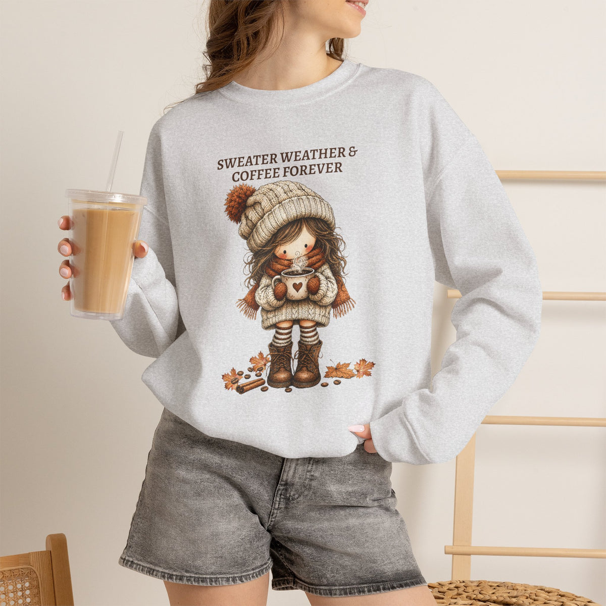 Sweater Weather & Coffee Forever Sweatshirt, Fall Girl Coffee Cup Shirt, Cozy Autumn Crewneck, Cute Boho Fall Vibes Tee, Coffee Lover Gift