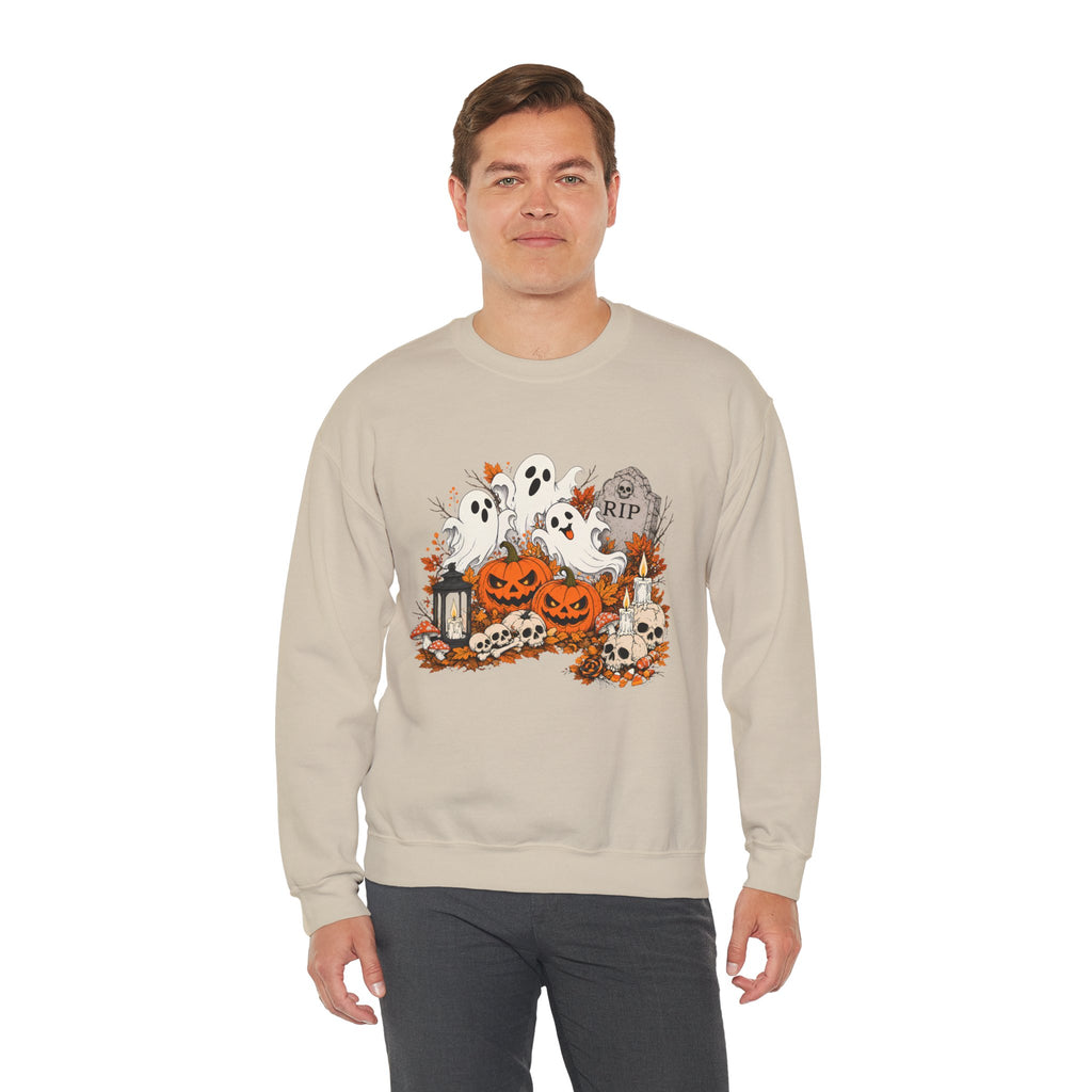 Halloween Ghost Pumpkin Sweatshirt, Spooky Graveyard Skull Crewneck, RIP Tombstone Ghost Sweater, Fall Halloween Shirt, Cute Ghost Gift