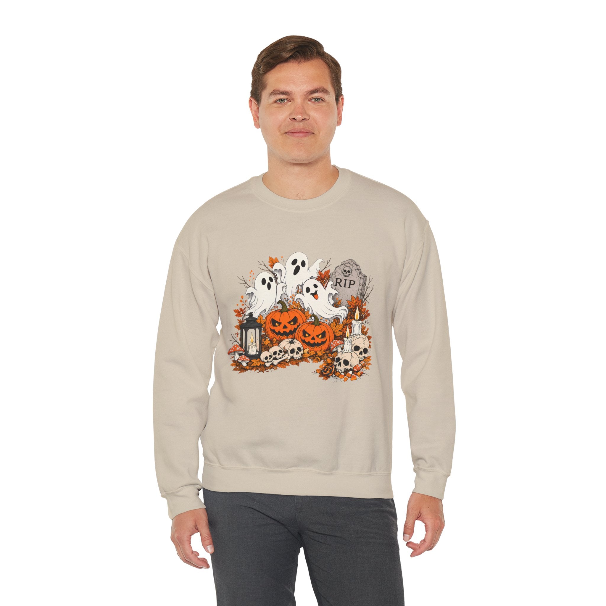 Halloween Ghost Pumpkin Sweatshirt, Spooky Graveyard Skull Crewneck, RIP Tombstone Ghost Sweater, Fall Halloween Shirt, Cute Ghost Gift
