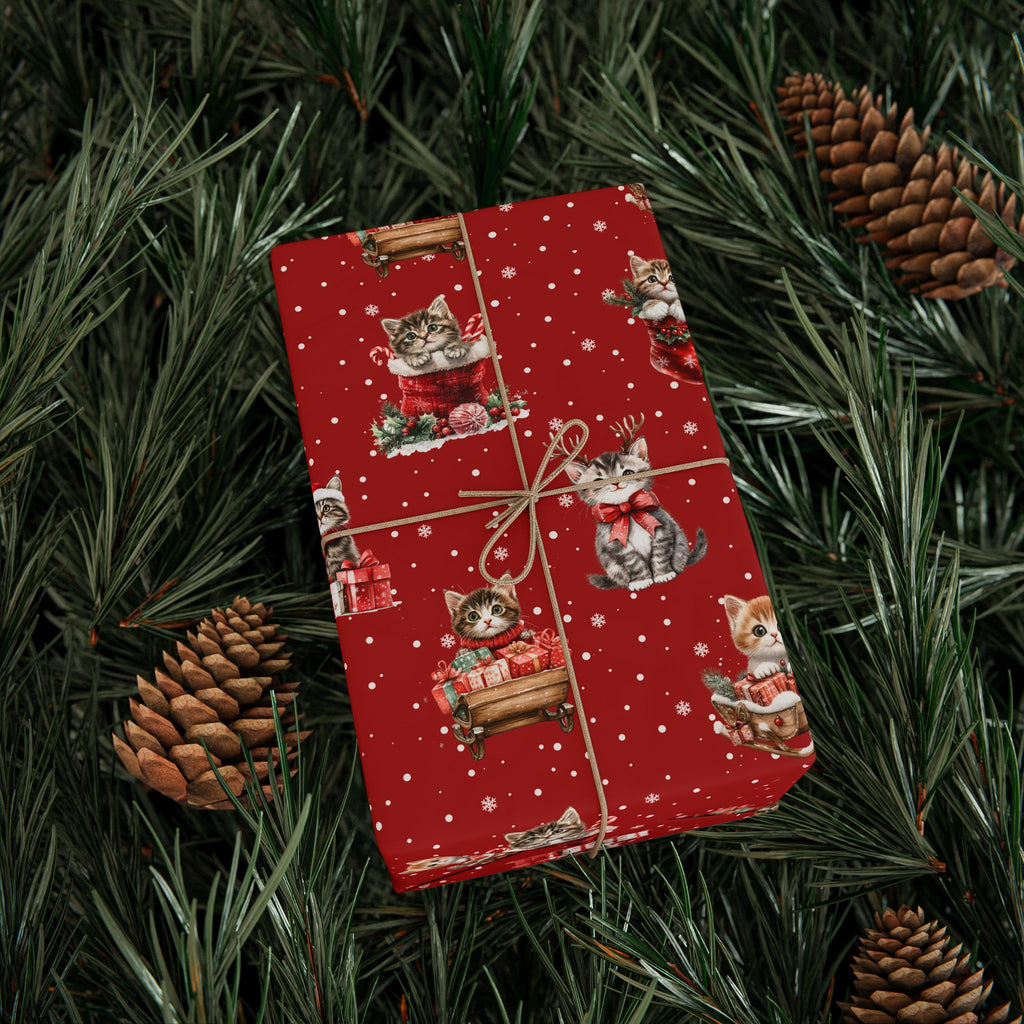 Christmas Cat Wrapping Paper, Red Kitten Gift Wrap, Cute Cat Lover Holiday Wrap, Vintage Christmas Kitty Wrapping Paper