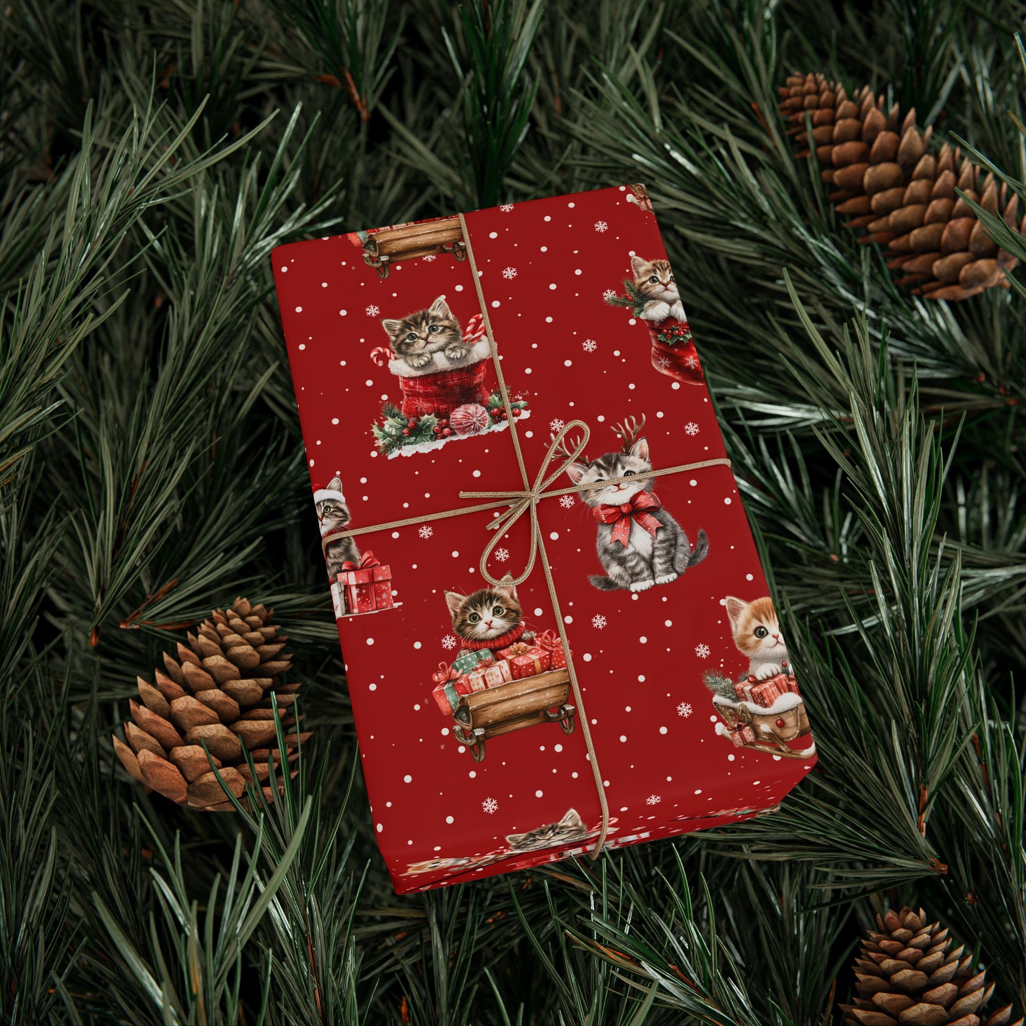 Christmas Cat Wrapping Paper, Red Kitten Gift Wrap, Cute Cat Lover Holiday Wrap, Vintage Christmas Kitty Wrapping Paper
