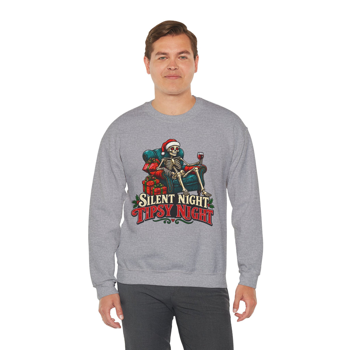 Christmas Skeleton Sweatshirt, Silent Night Tipsy Night Shirt, Funny Skeleton Santa Wine Sweatshirt, Skeleton Christmas Shirt, Holiday Tee