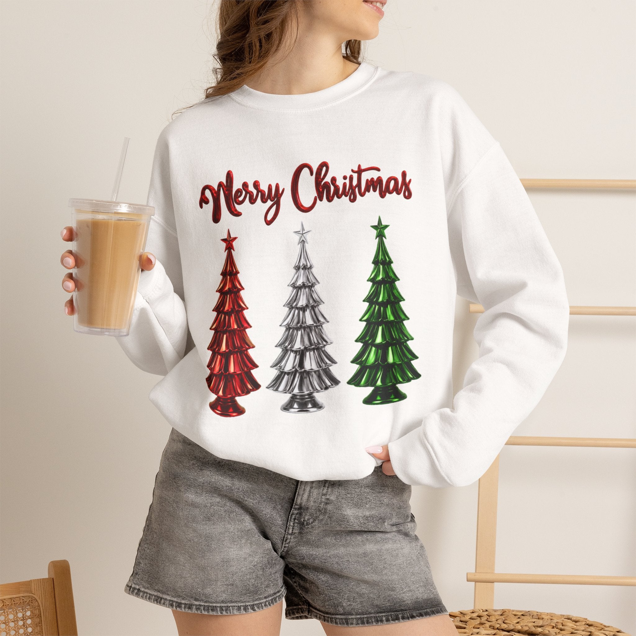 Merry Christmas Sweatshirt, Three Christmas Trees Shirt, Metallic Trees Sweater, Forest Green Christmas Crewneck, Holiday Gift for Her