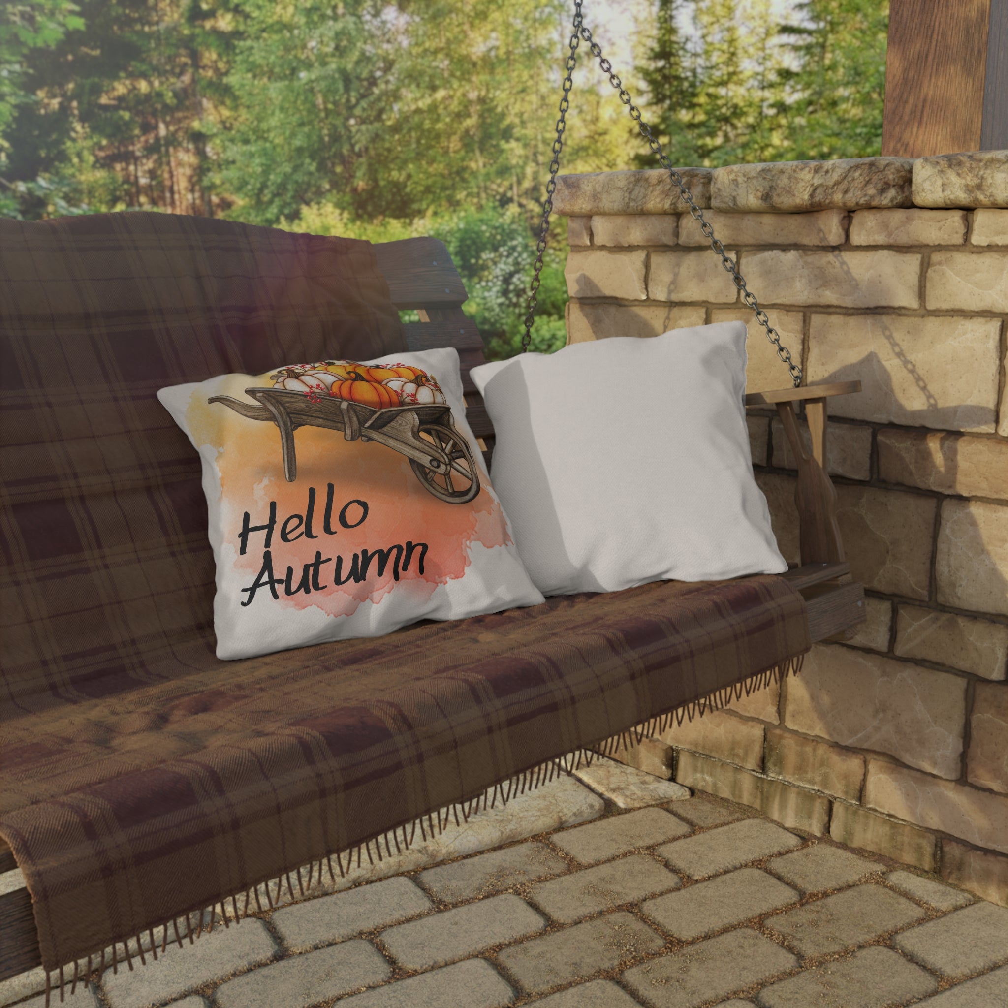 Hello Autumn Pillow Cover Pumpkin Wheelbarrow Fall Throw Pillow Watercolor Sunset Farmhouse Home Decor Thanksgiving Housewarming Gift