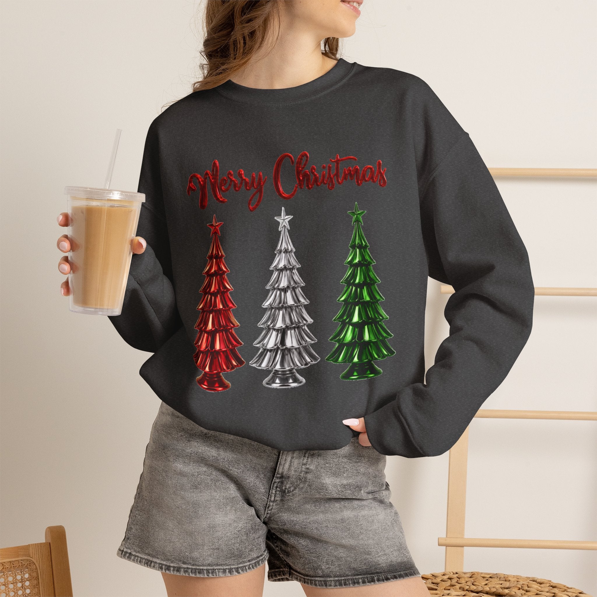 Merry Christmas Sweatshirt, Three Christmas Trees Shirt, Metallic Trees Sweater, Forest Green Christmas Crewneck, Holiday Gift for Her