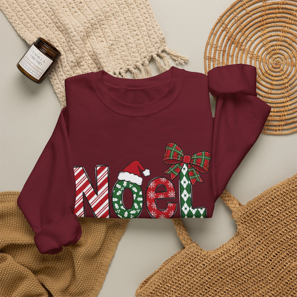 Noel Christmas Sweatshirt, Retro Christmas Sweatshirt, Noel Sweater, Christmas Bow Sweatshirt, Plaid Santa Hat Shirt, Holiday Gift for Her