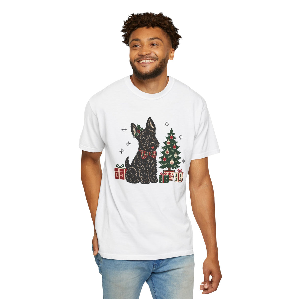 Scottie Dog Christmas Shirt, Scottish Terrier Holiday Tee, Dog Lover Gift, Cute Christmas Tree Present Graphic Tee, Womens Xmas Top