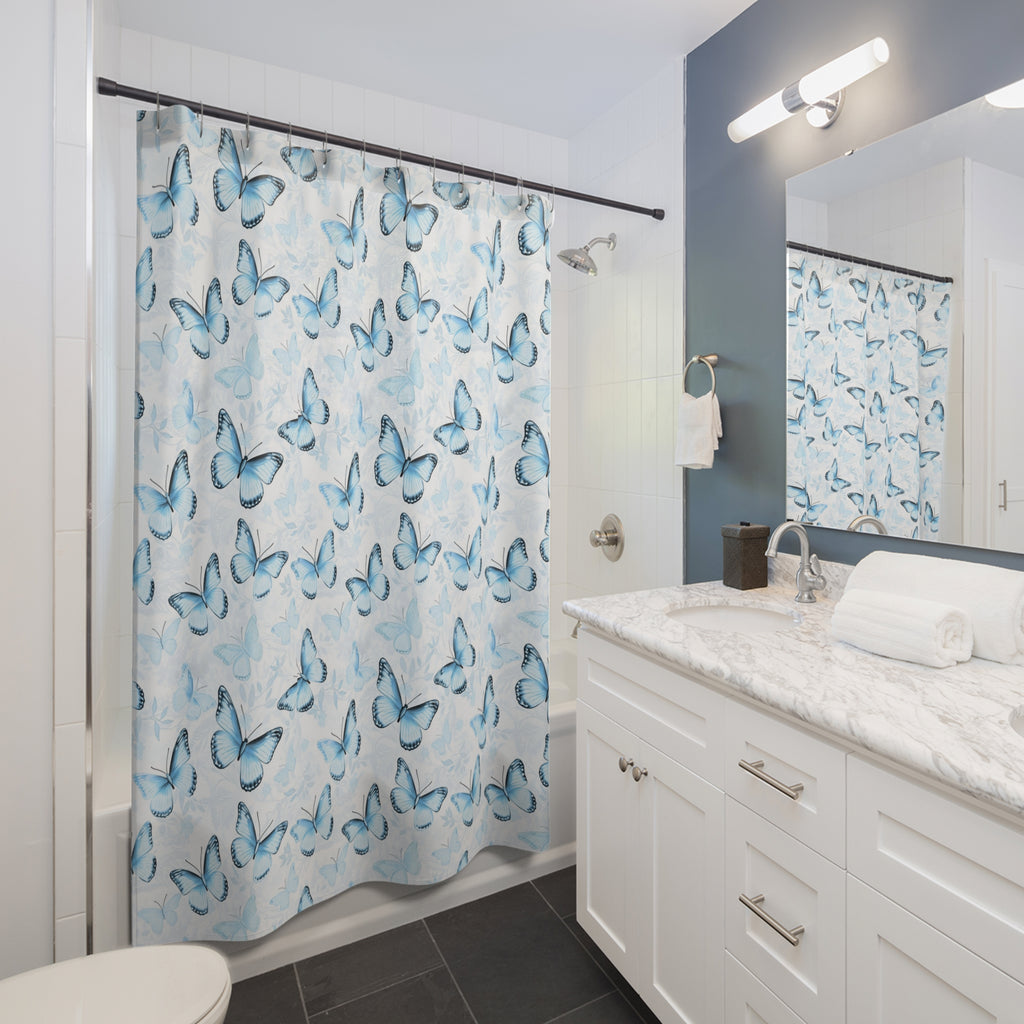 Blue Butterfly Shower Curtain — Soft Watercolor Butterflies Bathroom Decor