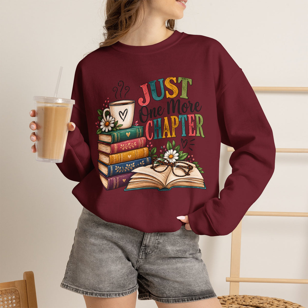 Just One More Chapter Sweatshirt, Book Lover Sweatshirt, Reading Shirt, Bookworm Gift, Coffee and Books Shirt, Librarian Gift, Bookish Tee