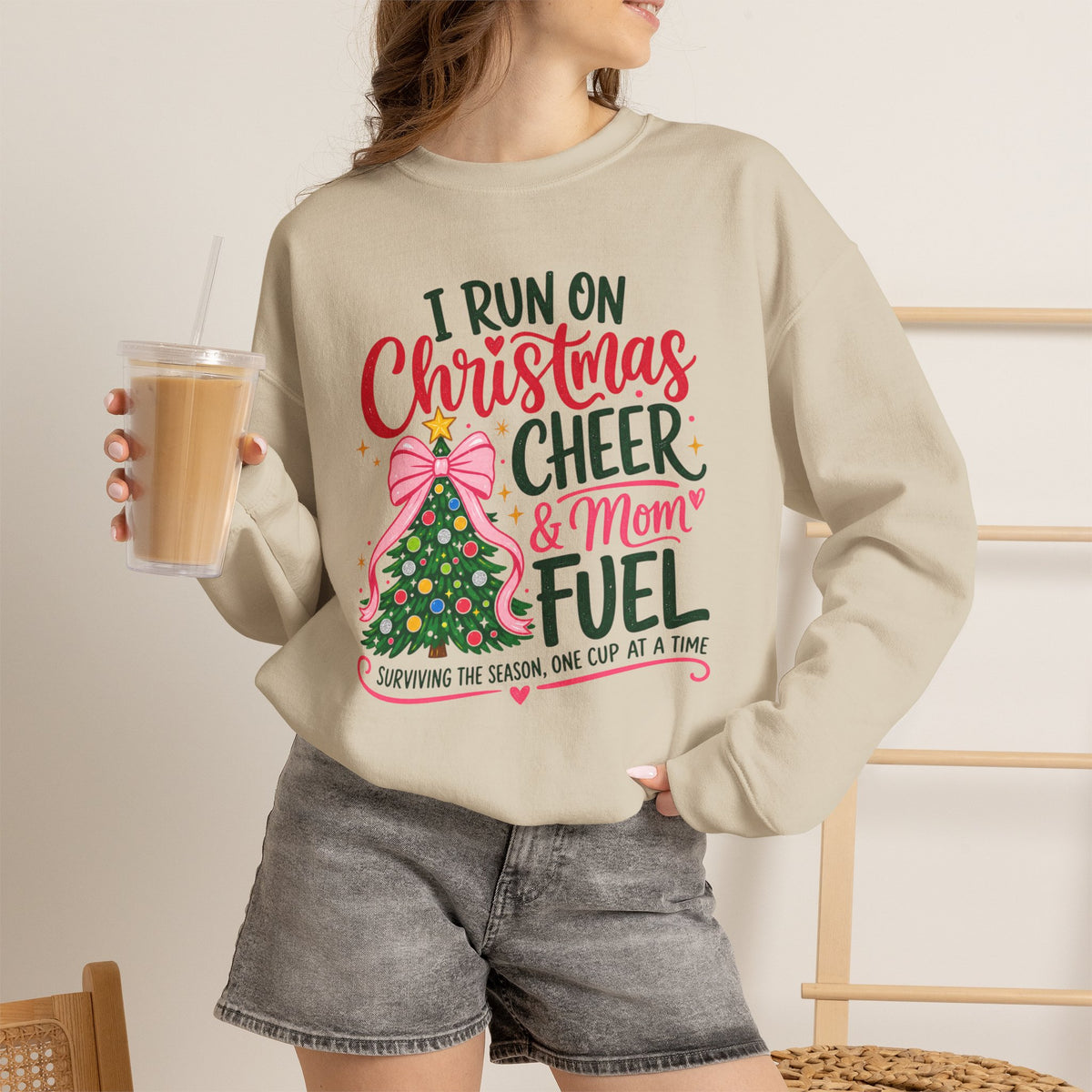 Christmas Mom Sweatshirt, I Run On Christmas Cheer And Mom Fuel, Funny Holiday Shirt, Coffee Lover Mom Gift, Xmas Tree Crewneck