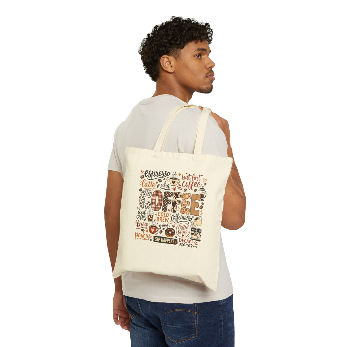 Coffee Typography Tote Bag, Coffee Lover Canvas Tote, Espresso Latte Cafe Design, Cute Coffee Bag Gift, Boho Coffee Tote for Her