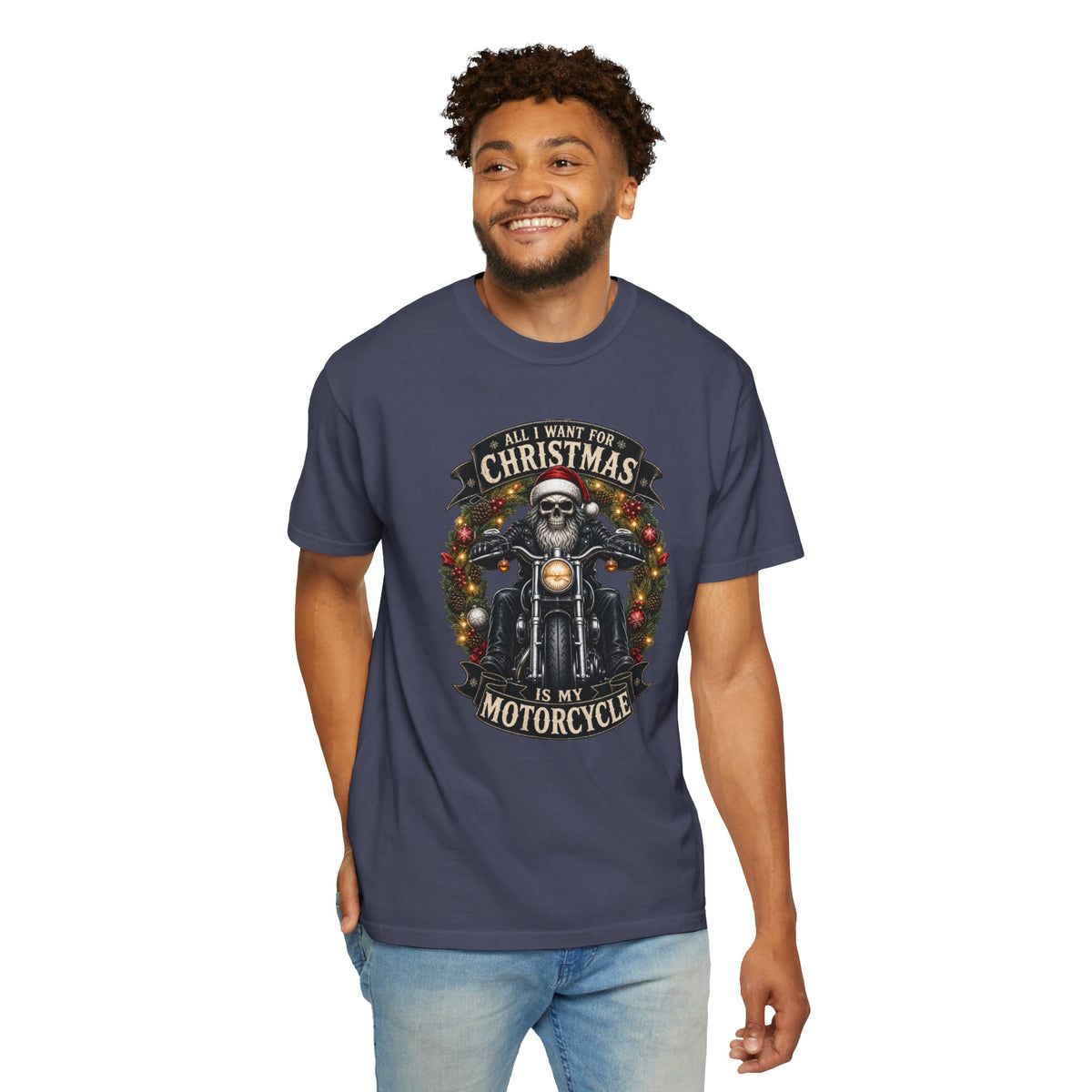 Comfort Colors Skeleton Biker Christmas T-shirt, All I Want for Christmas Is My Motorcycle Shirt, Santa Skull Motorcycle Top, Gift for Biker