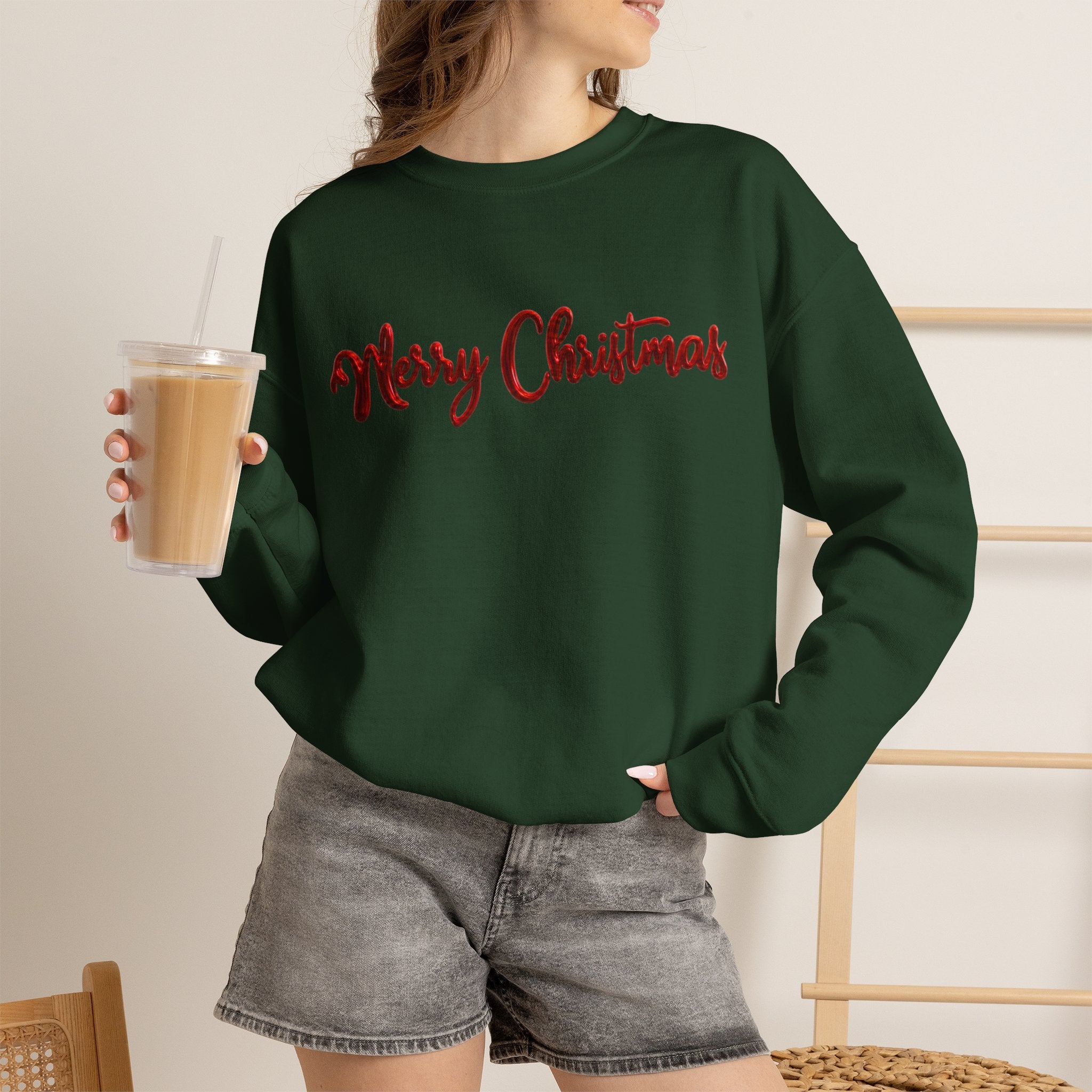 Merry Christmas Sweatshirt, Green Crewneck with Red Metallic Script Font, Christmas Shirt, Holiday Sweater, Xmas Gift for Her, Gift for Him
