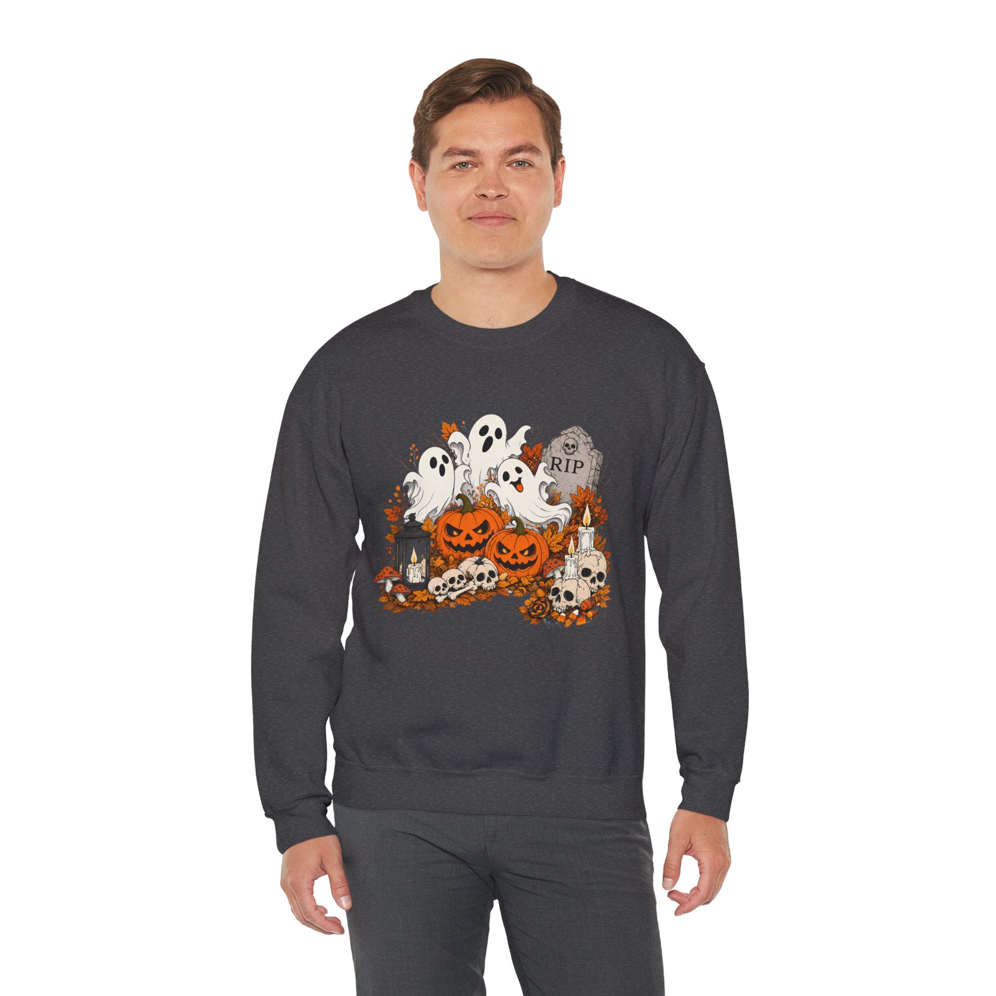 Halloween Ghost Pumpkin Sweatshirt, Spooky Graveyard Skull Crewneck, RIP Tombstone Ghost Sweater, Fall Halloween Shirt, Cute Ghost Gift