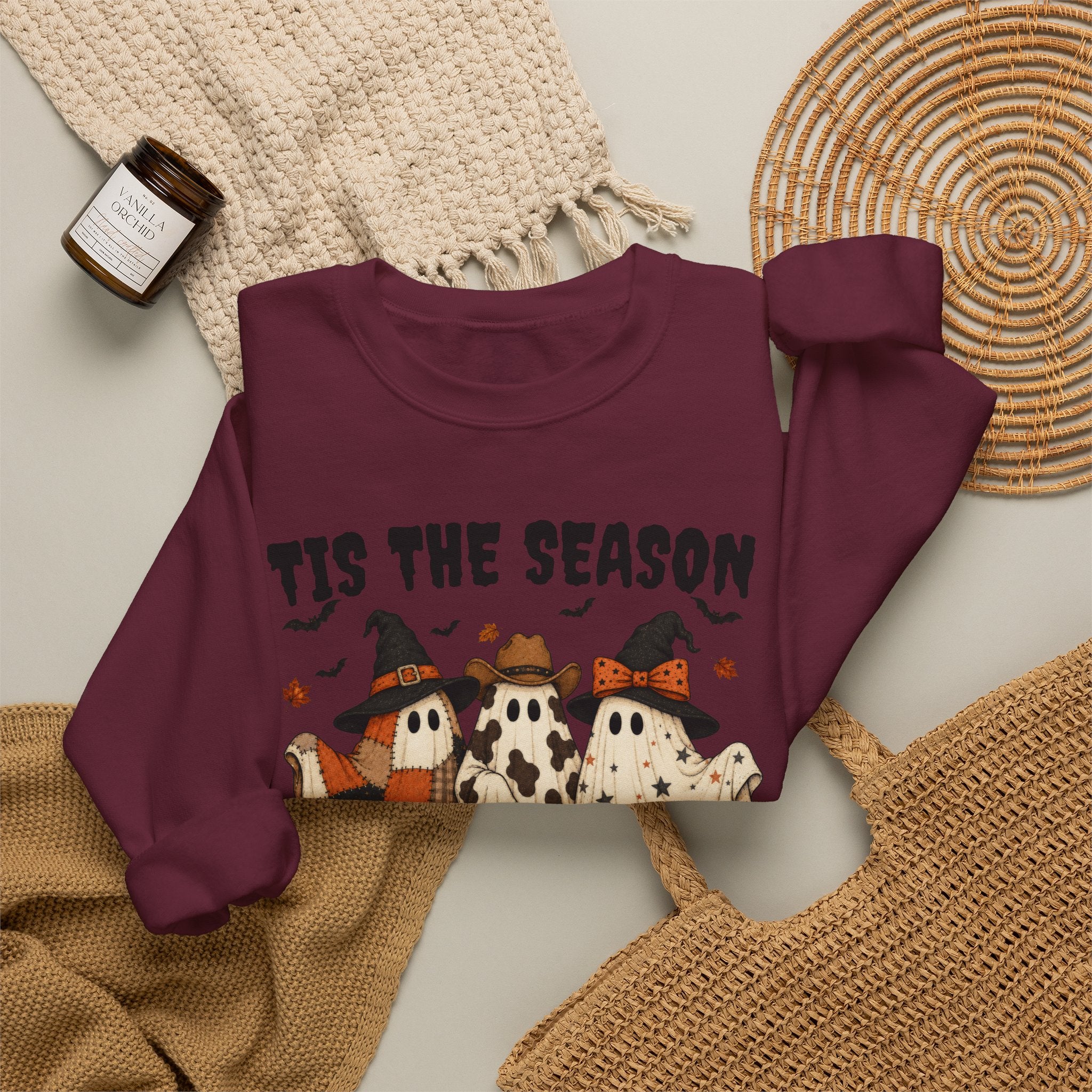 Tis The Season Ghost Sweatshirt, Halloween Ghost Crewneck, Witch Hat Ghost Shirt, Cow Print Plaid Ghost Sweater, Fall Halloween Top