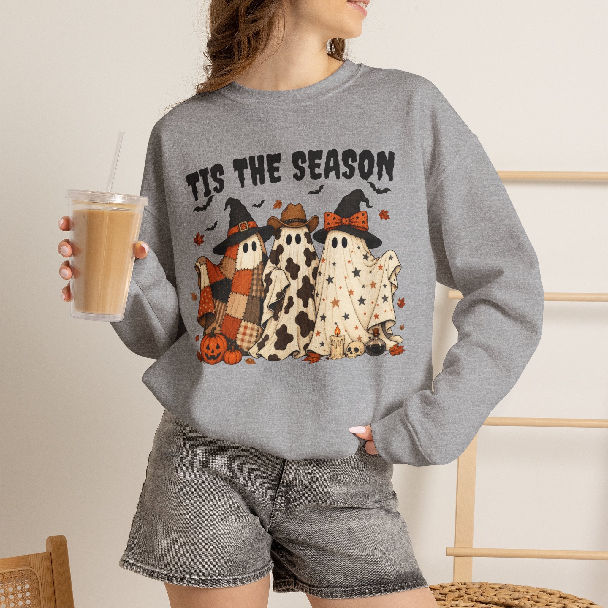 Tis The Season Ghost Sweatshirt, Halloween Ghost Crewneck, Witch Hat Ghost Shirt, Cow Print Plaid Ghost Sweater, Fall Halloween Top