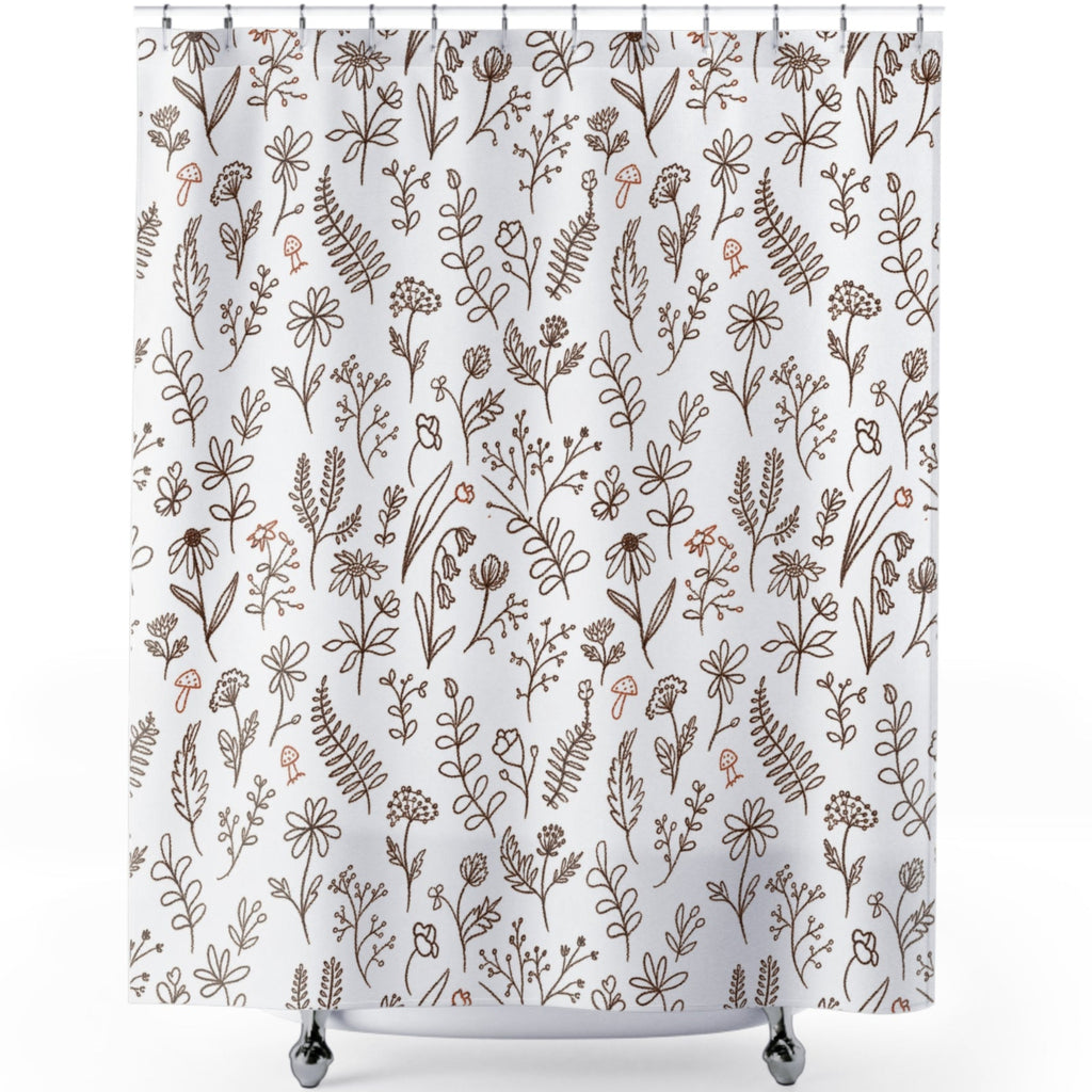 Neutral Wildflower Shower Curtain, Boho Botanical Bathroom Decor, Tan Beige Floral Print, Farmhouse Bath Curtain, Minimalist Nature Decor