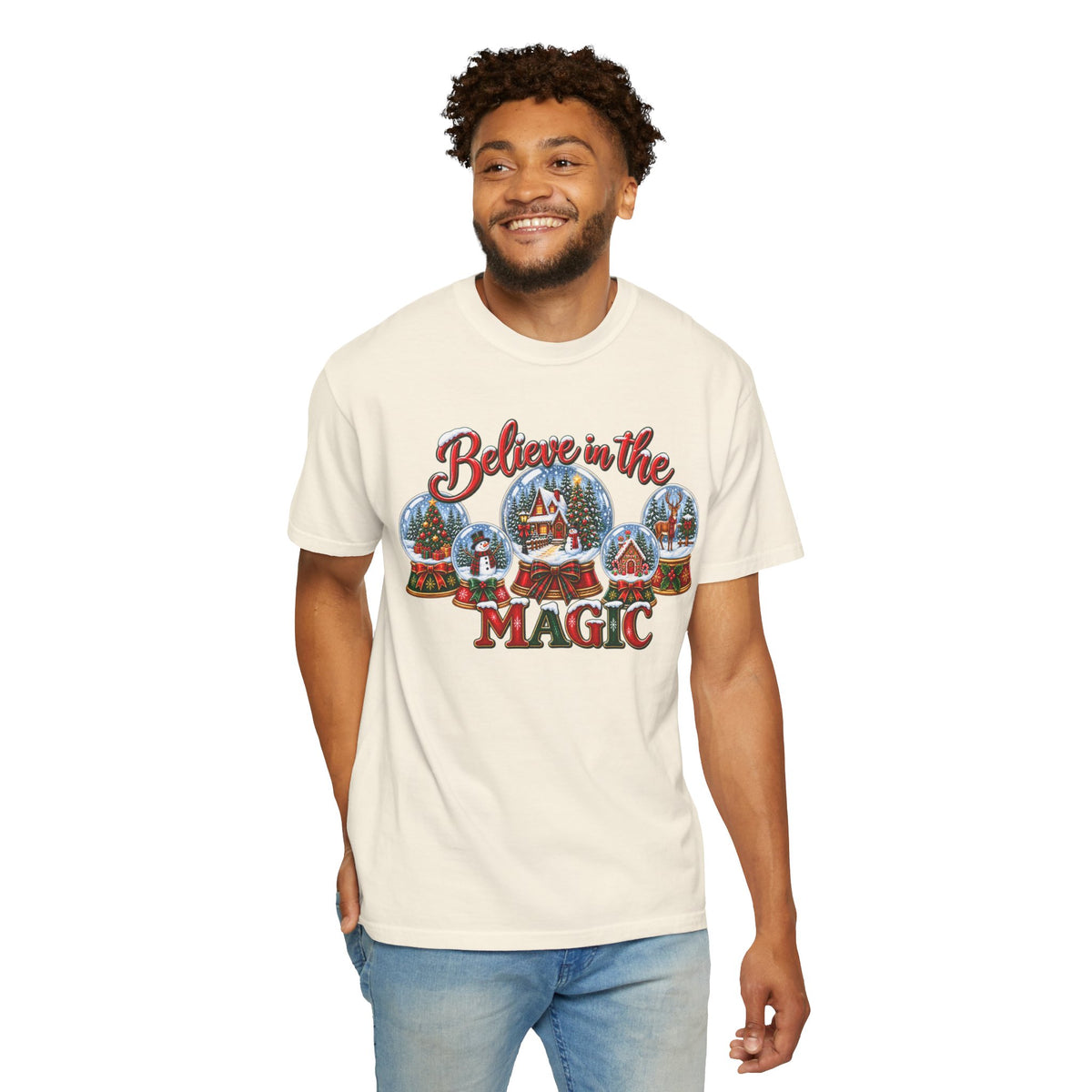 Comfort Colors Believe in the Magic Snow Globe Christmas T-shirt | Holiday Santa Village Design
