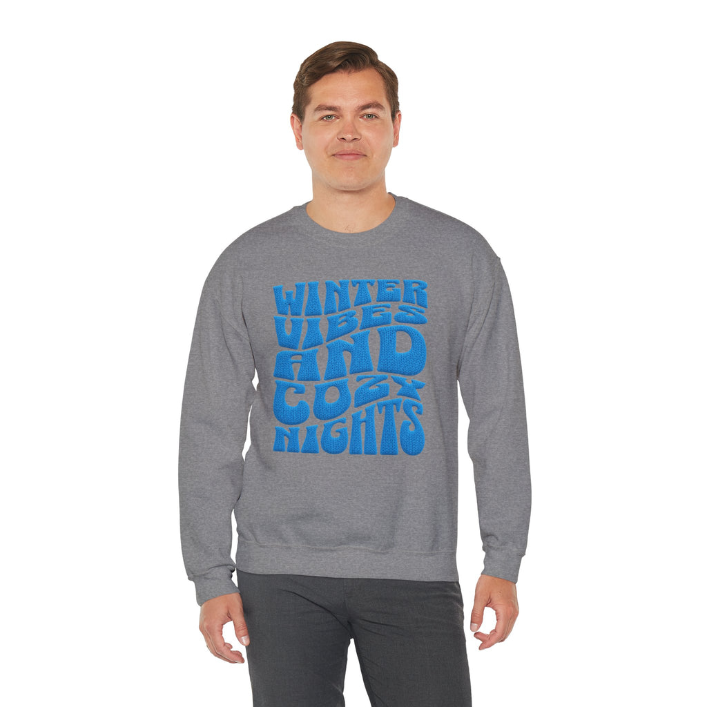 Winter Vibes And Cozy Nights Sweatshirt, Retro Wavy Bubble Letter Sweatshirt, Winter Quote Crewneck, Cozy Season Sweater, Trendy Winter Top