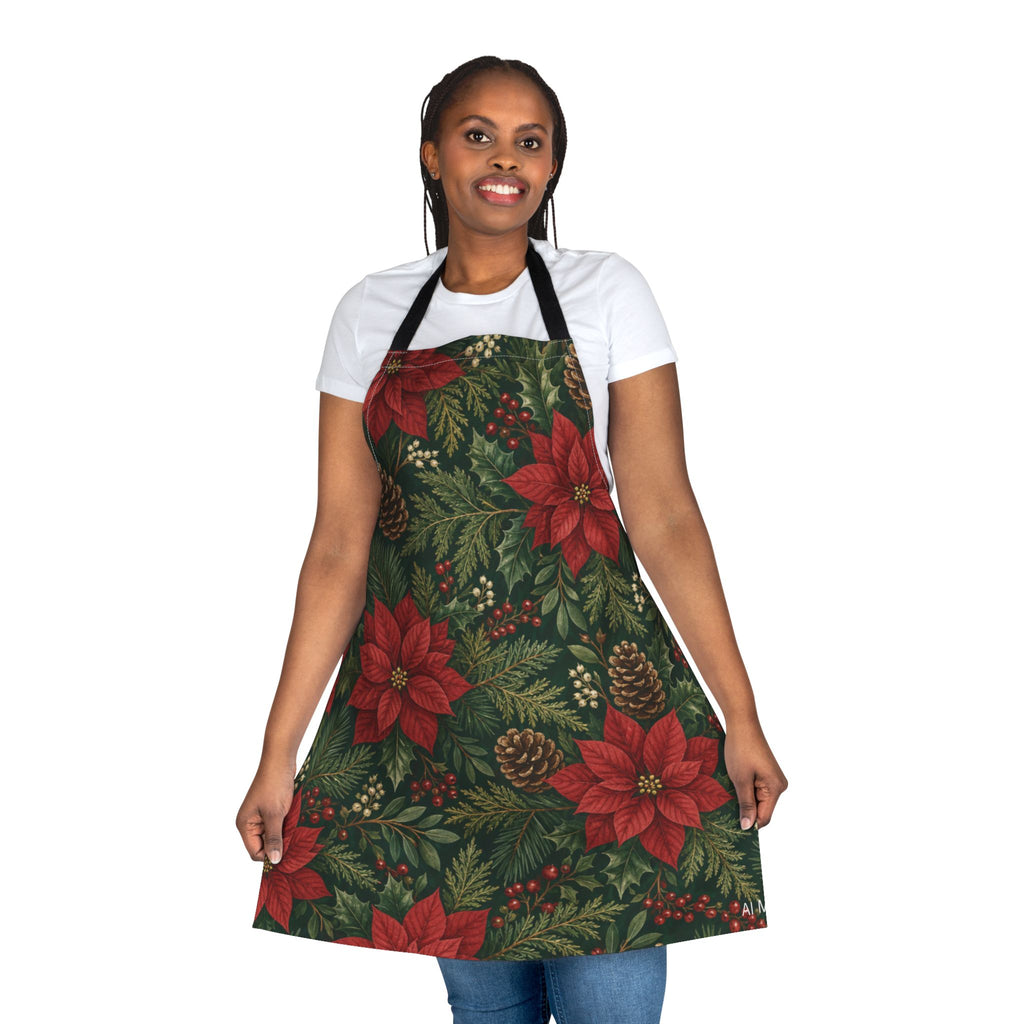 Christmas Apron Poinsettia Pine Cone Print, Red Green Holiday Kitchen Apron Women, Farmhouse Christmas Cooking Baking Gift Idea