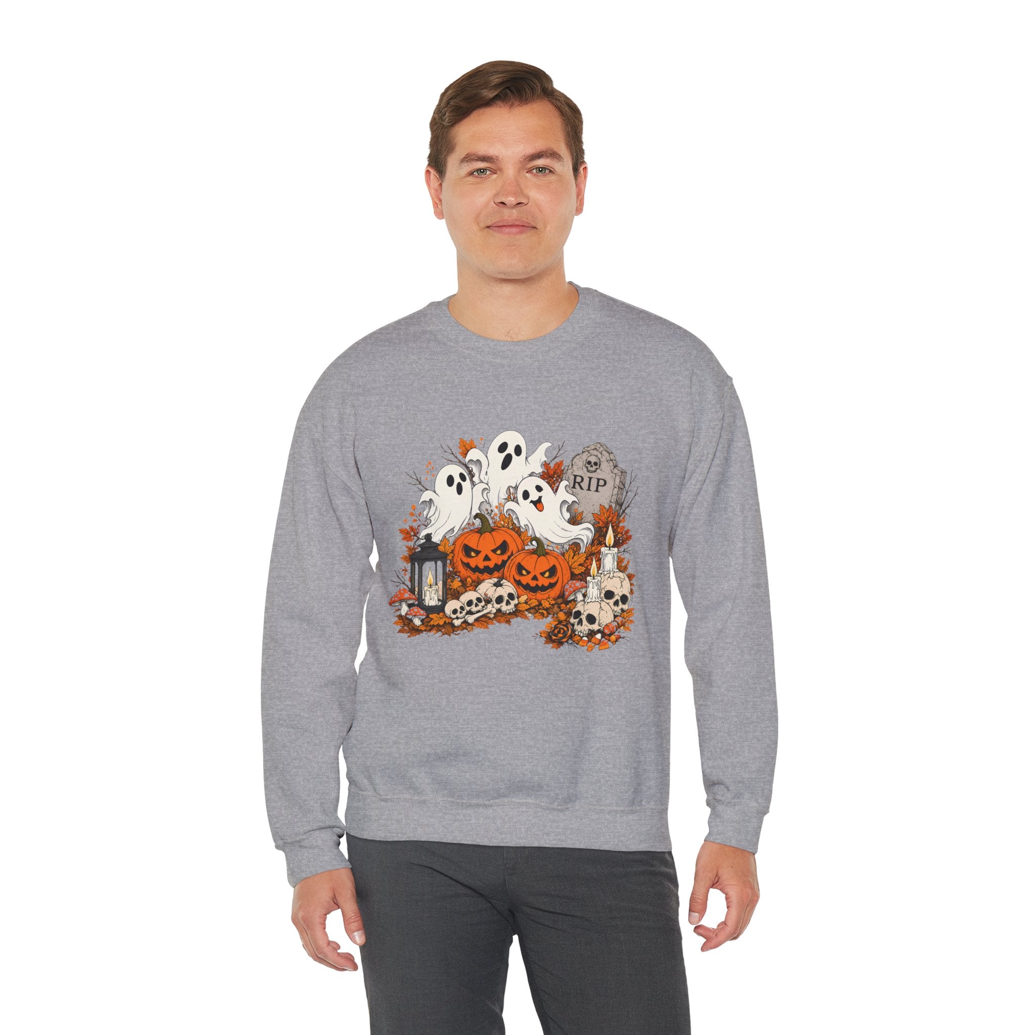 Halloween Ghost Pumpkin Sweatshirt, Spooky Graveyard Skull Crewneck, RIP Tombstone Ghost Sweater, Fall Halloween Shirt, Cute Ghost Gift