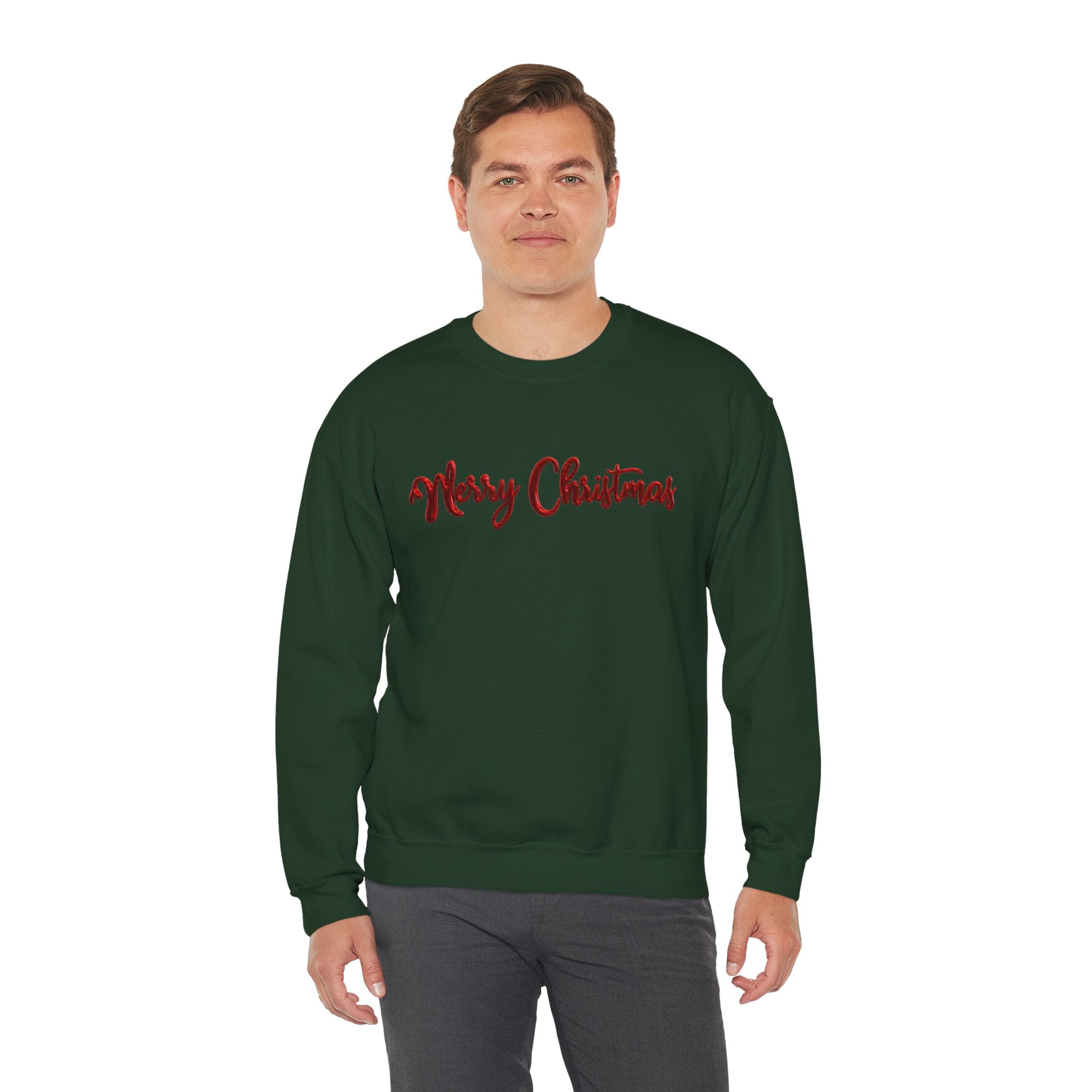 Merry Christmas Sweatshirt, Green Crewneck with Red Metallic Script Font, Christmas Shirt, Holiday Sweater, Xmas Gift for Her, Gift for Him